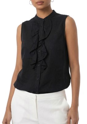 AREA STARS Women's Sleeveless Ruffle Linen Top, Black, Large
