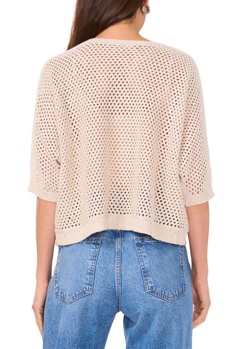 Womens 3/4 Sleeve Metallic Open Stitch Sweater