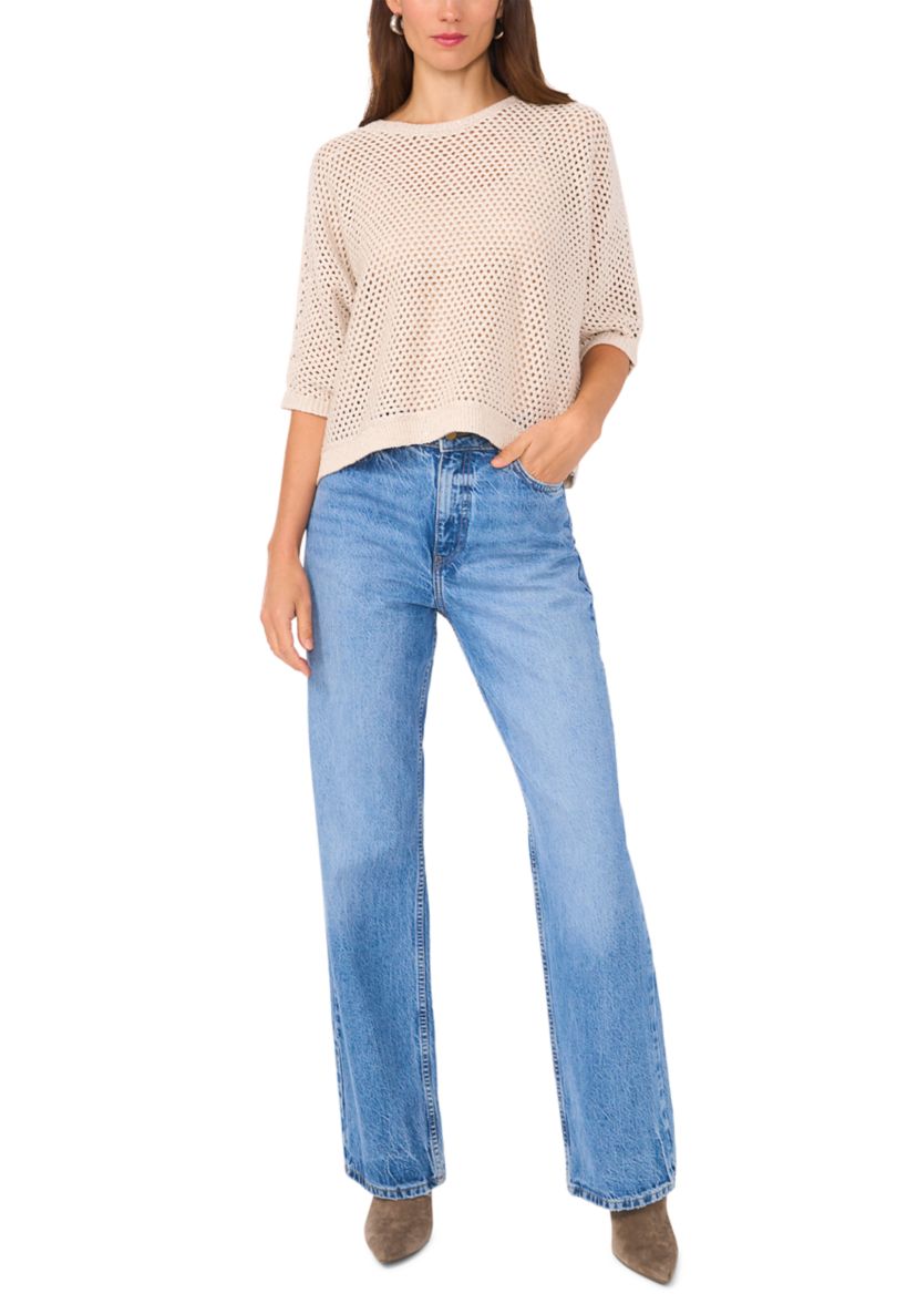 Womens 3/4 Sleeve Metallic Open Stitch Sweater