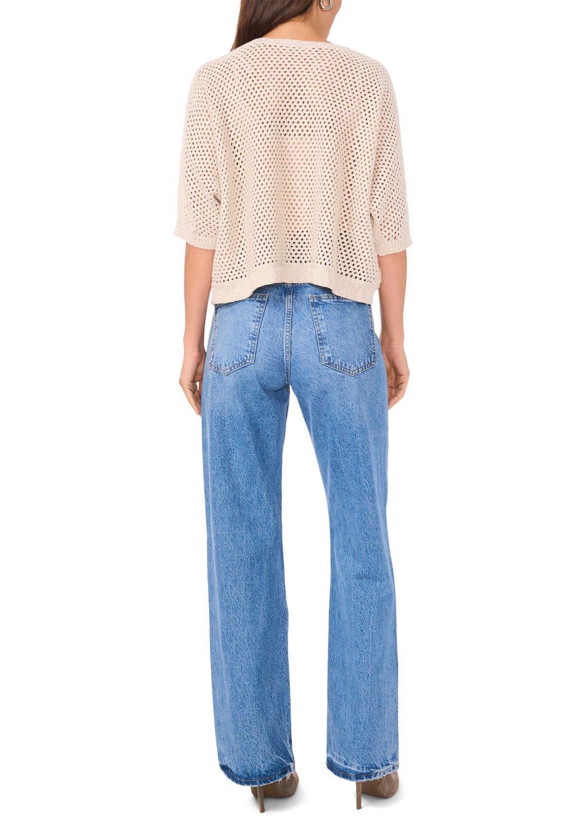 Womens 3/4 Sleeve Metallic Open Stitch Sweater