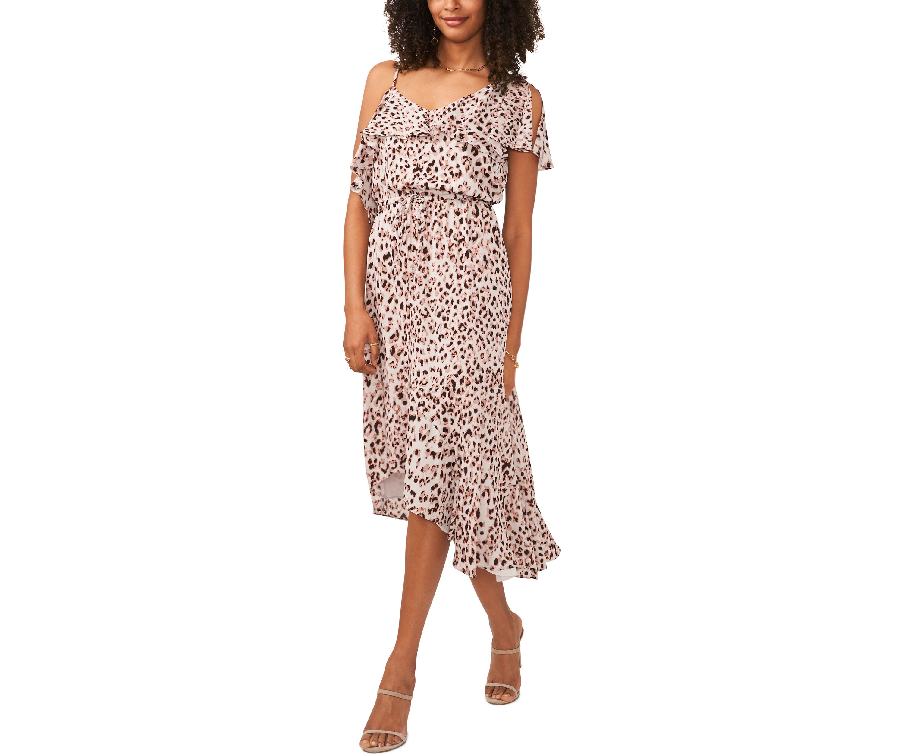 Womens Asymmetrical Flutter Overlay Pale Leopard Dress
