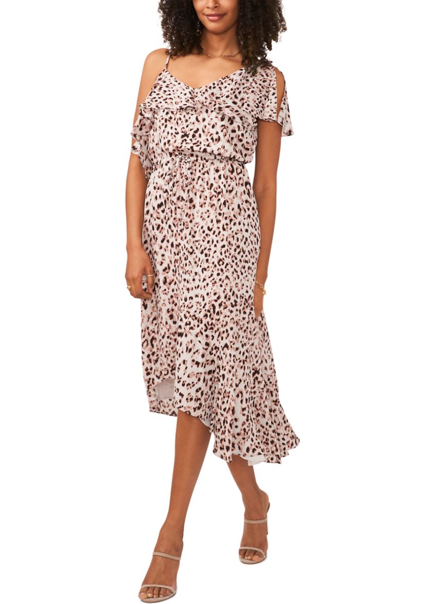 Womens Asymmetrical Flutter Overlay Pale Leopard Dress