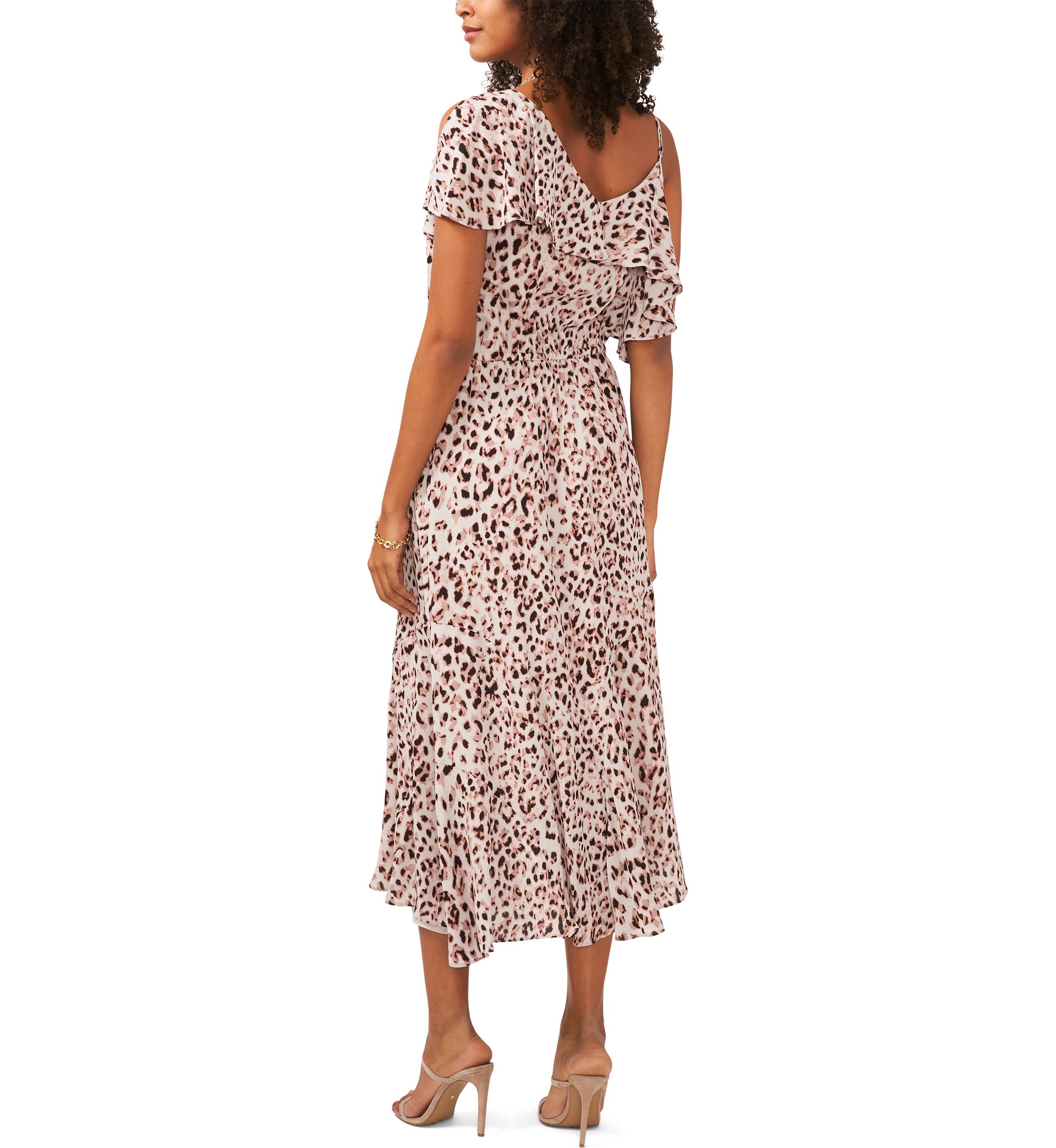 Womens Asymmetrical Flutter Overlay Pale Leopard Dress