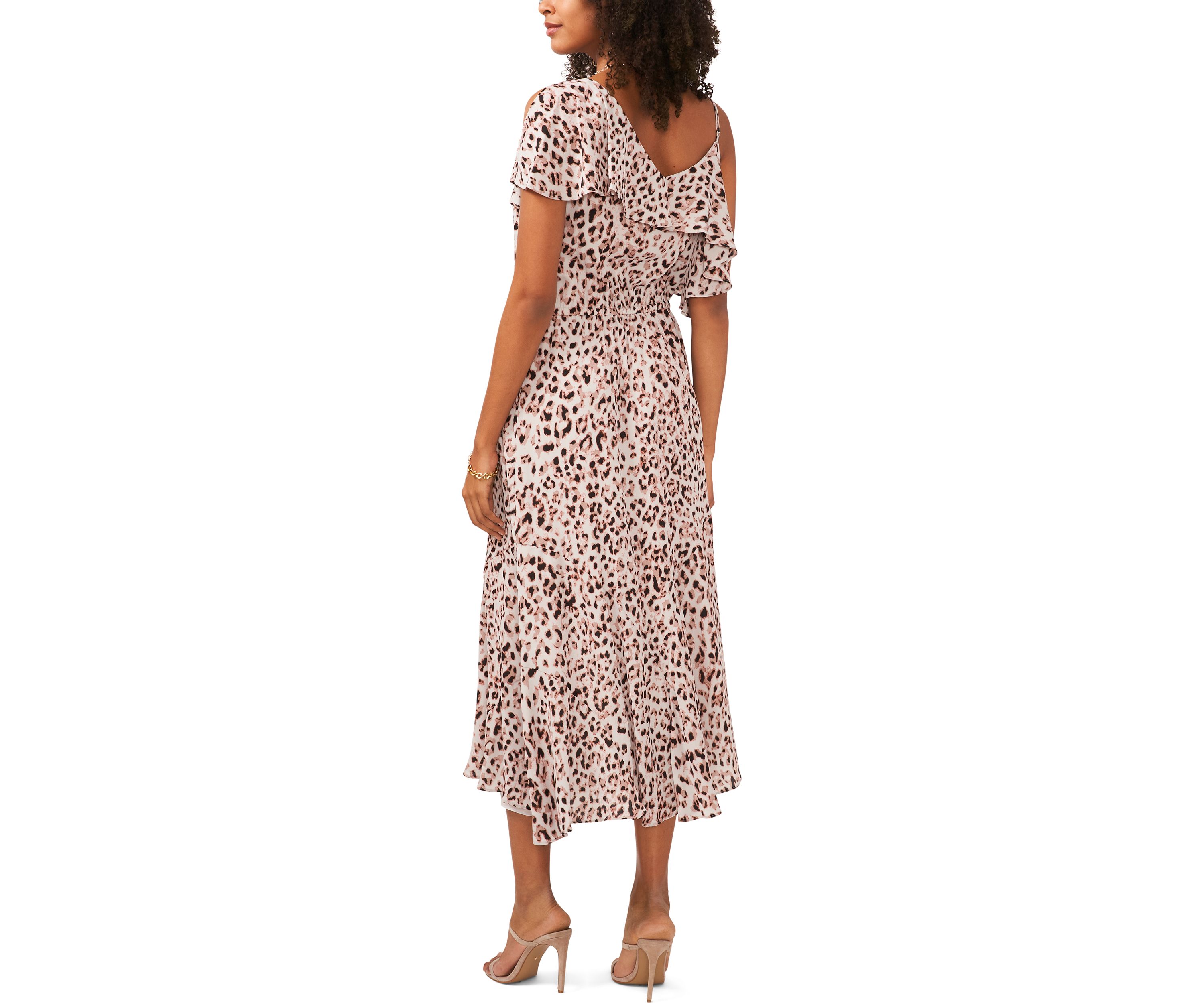 Womens Asymmetrical Flutter Overlay Pale Leopard Dress