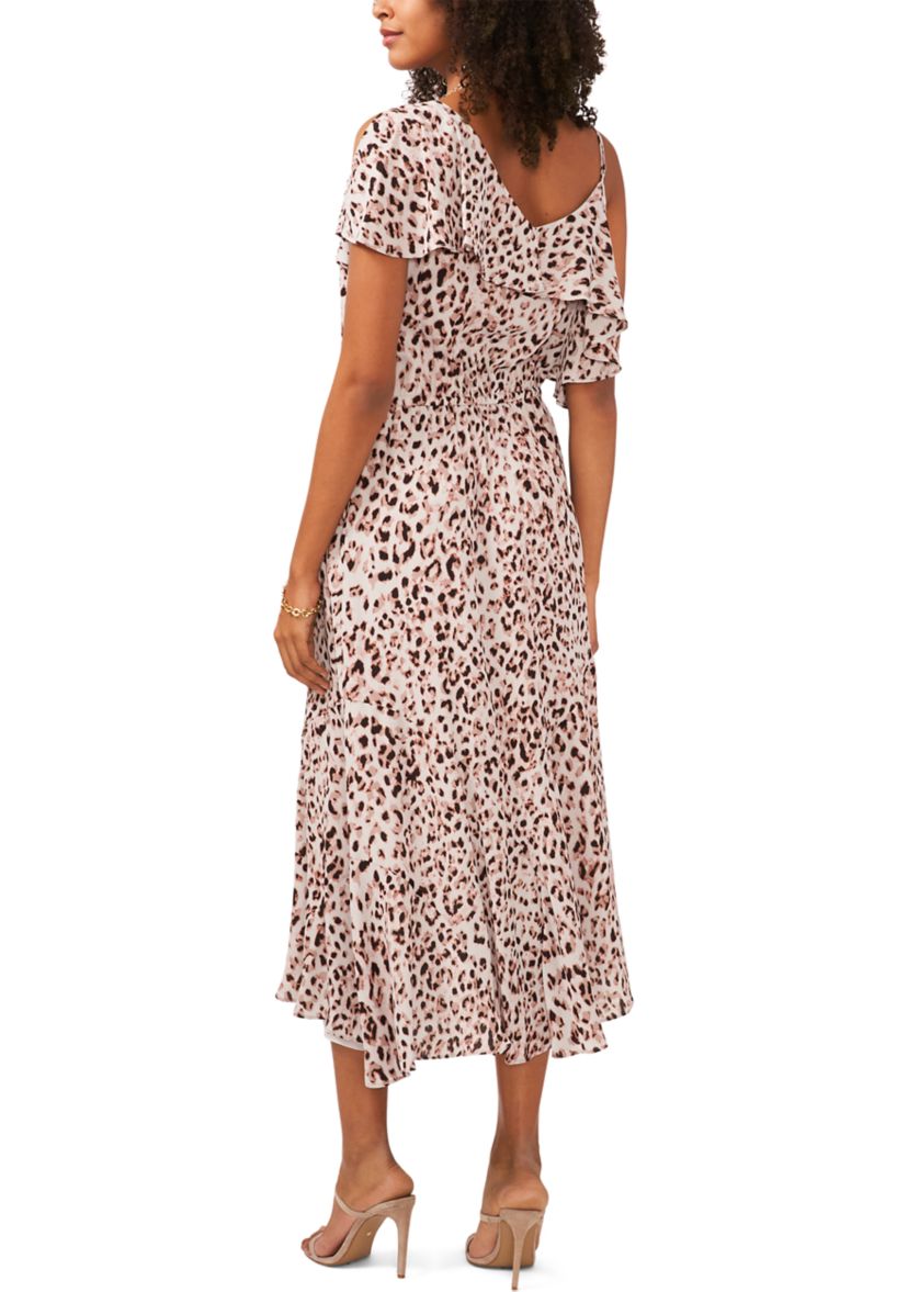 Womens Asymmetrical Flutter Overlay Pale Leopard Dress