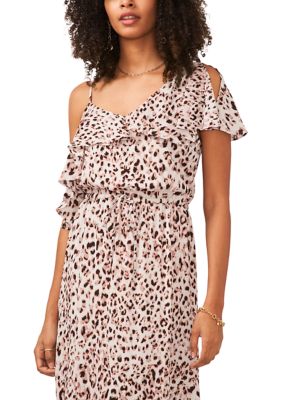 Women's Asymmetrical Flutter Overlay Pale Leopard Dress