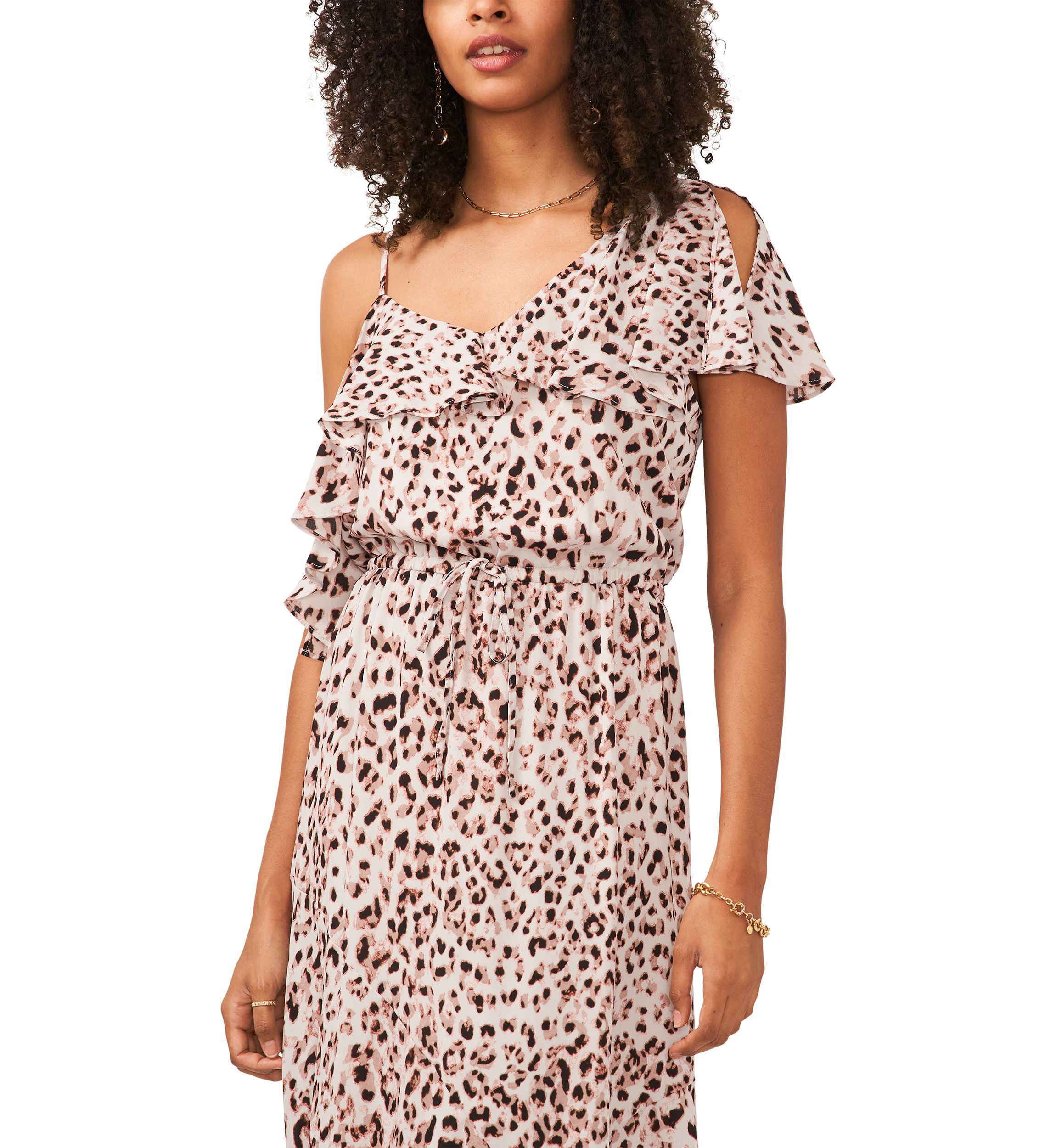 Womens Asymmetrical Flutter Overlay Pale Leopard Dress