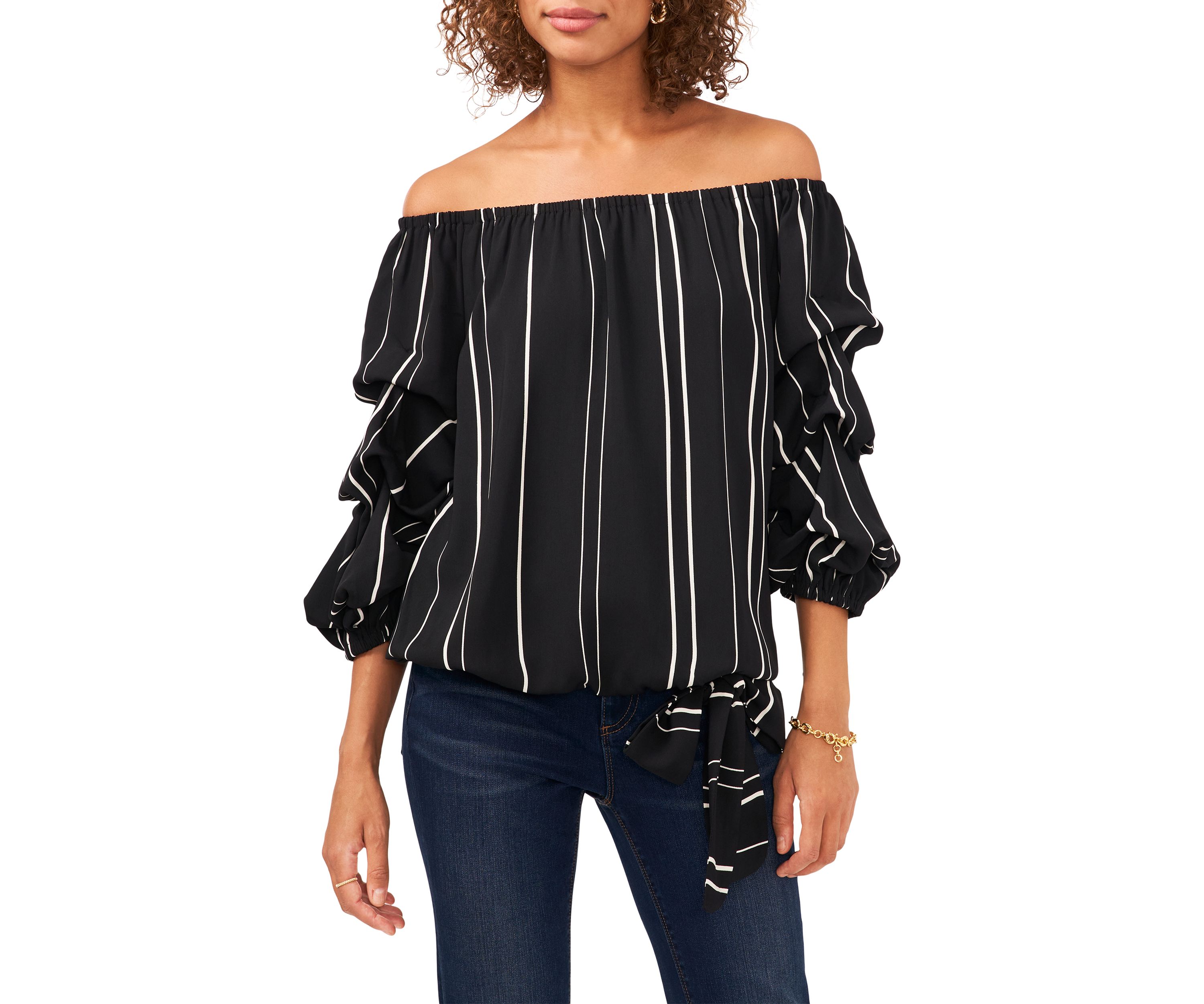 Womens Bubble Sleeve Off the Shoulder Crepe Stripe Blouse