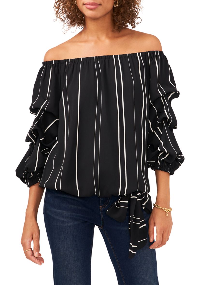 Womens Bubble Sleeve Off the Shoulder Crepe Stripe Blouse