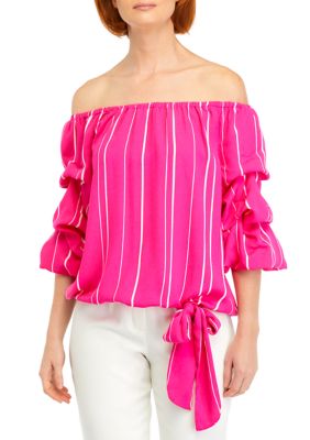 Women's Bubble Sleeve Off the Shoulder Crepe Stripe Blouse