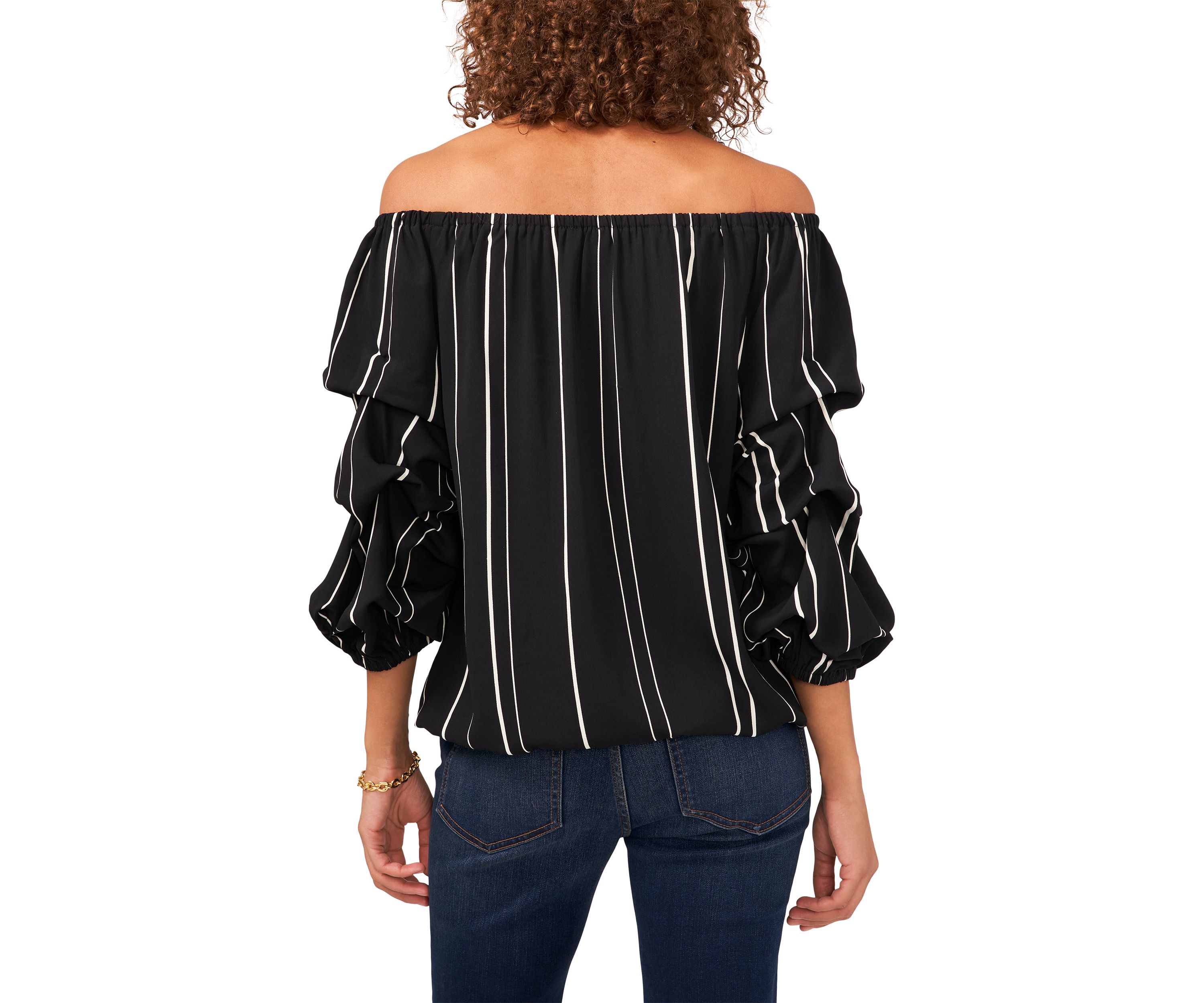 Womens Bubble Sleeve Off the Shoulder Crepe Stripe Blouse