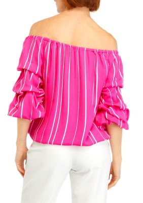 Women's Bubble Sleeve Off the Shoulder Crepe Stripe Blouse