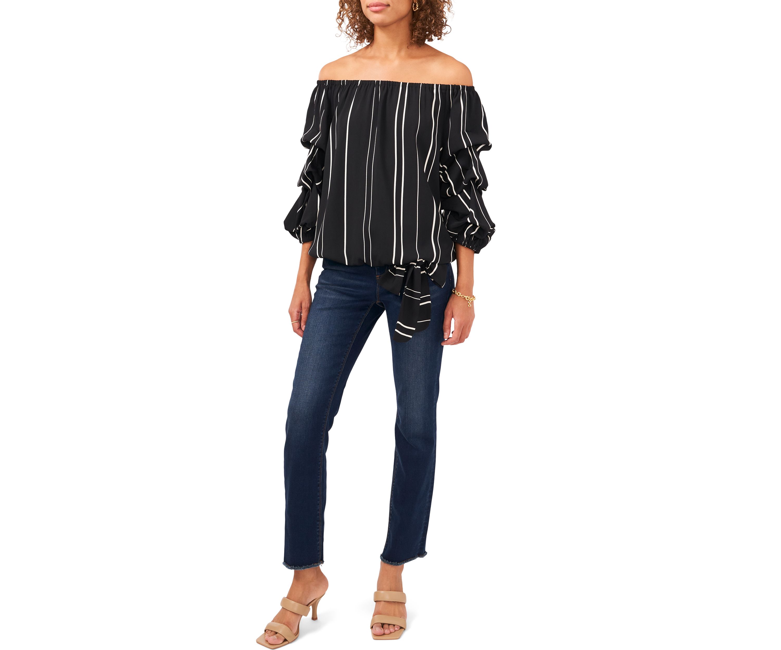 Womens Bubble Sleeve Off the Shoulder Crepe Stripe Blouse