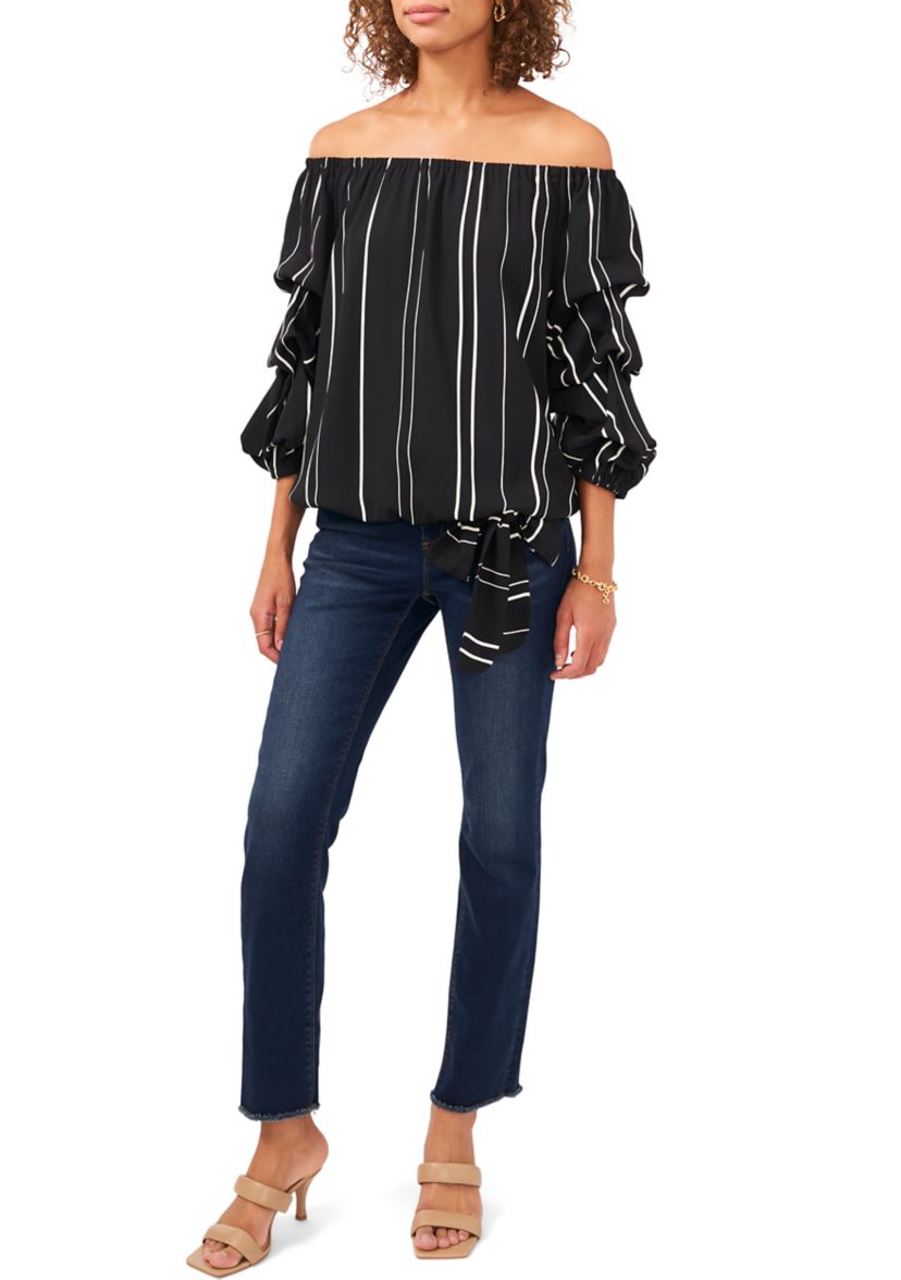 Womens Bubble Sleeve Off the Shoulder Crepe Stripe Blouse