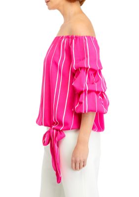 Women's Bubble Sleeve Off the Shoulder Crepe Stripe Blouse