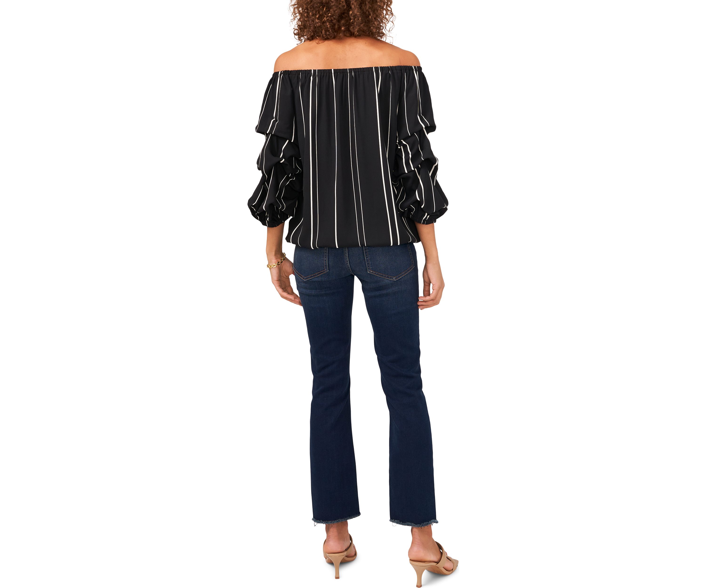 Womens Bubble Sleeve Off the Shoulder Crepe Stripe Blouse