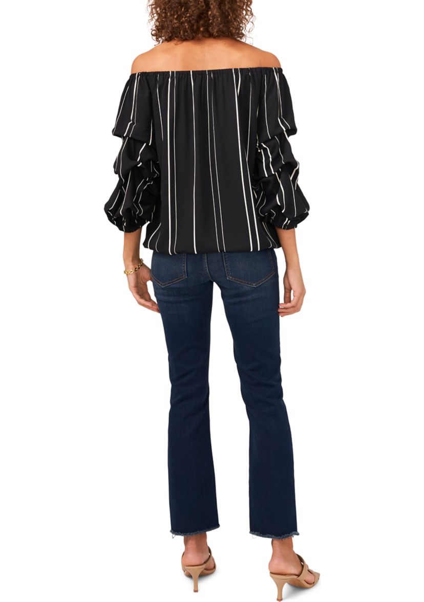 Womens Bubble Sleeve Off the Shoulder Crepe Stripe Blouse
