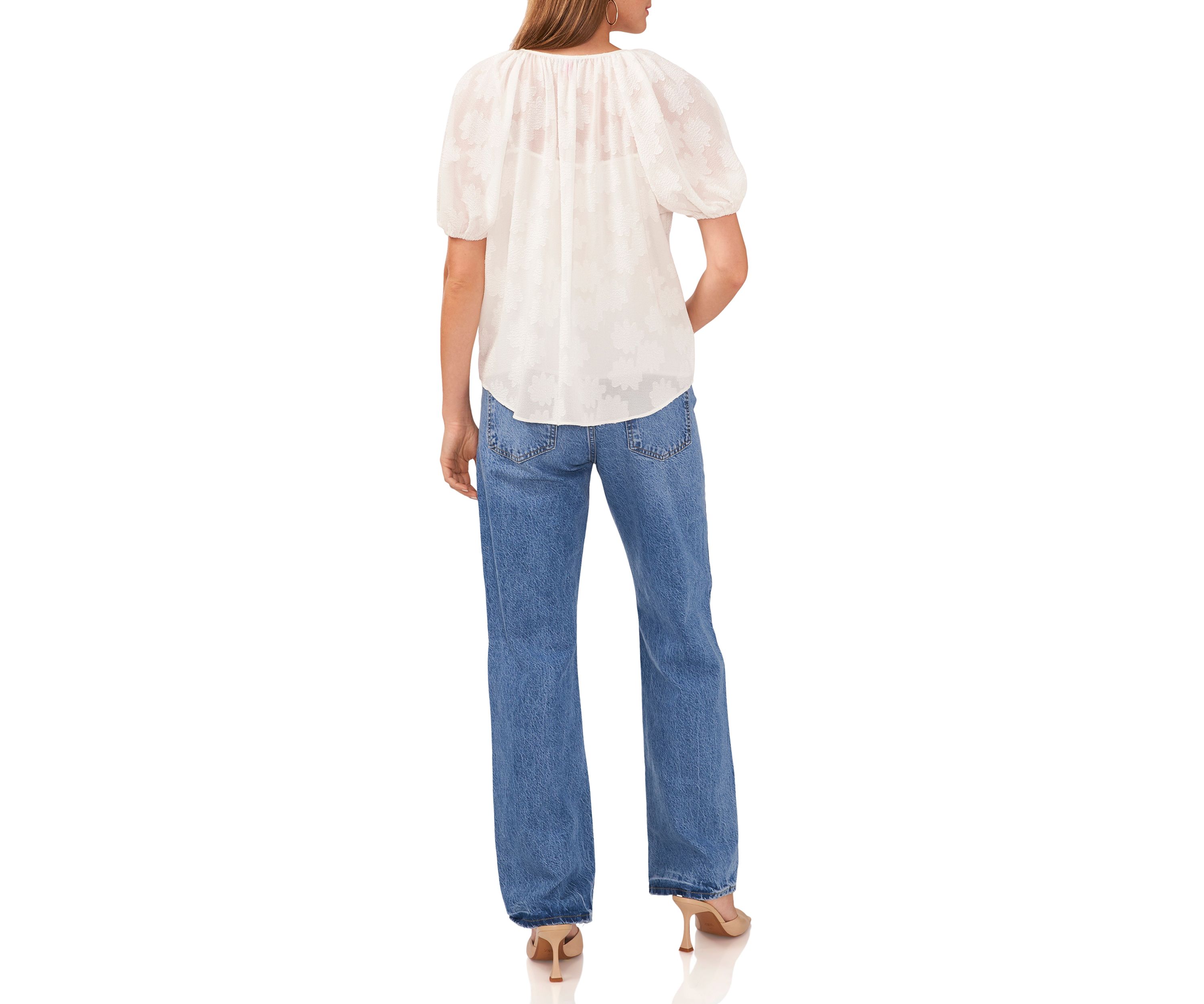 Womens Shirred Puff Sleeve Blouse 