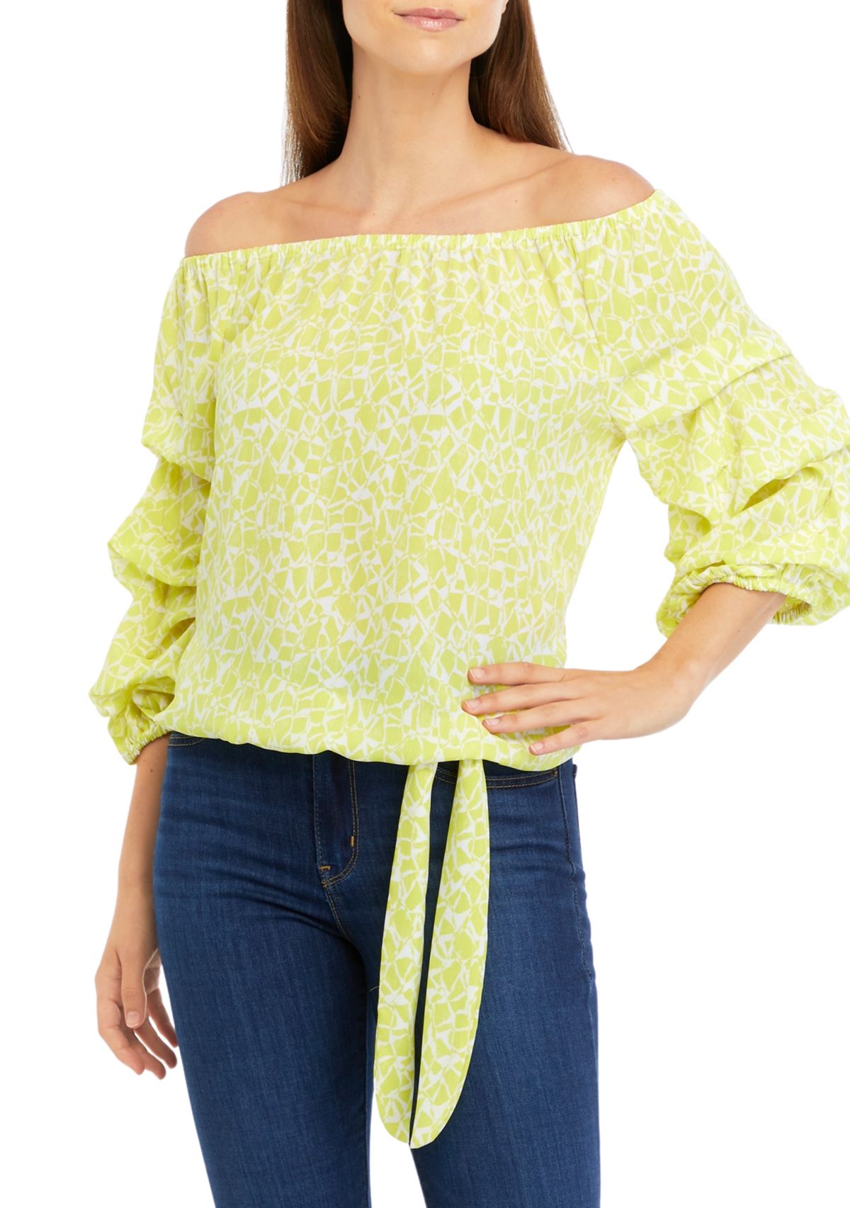 Womens Geo Print Off the Shoulder Cha Cha Blouse
