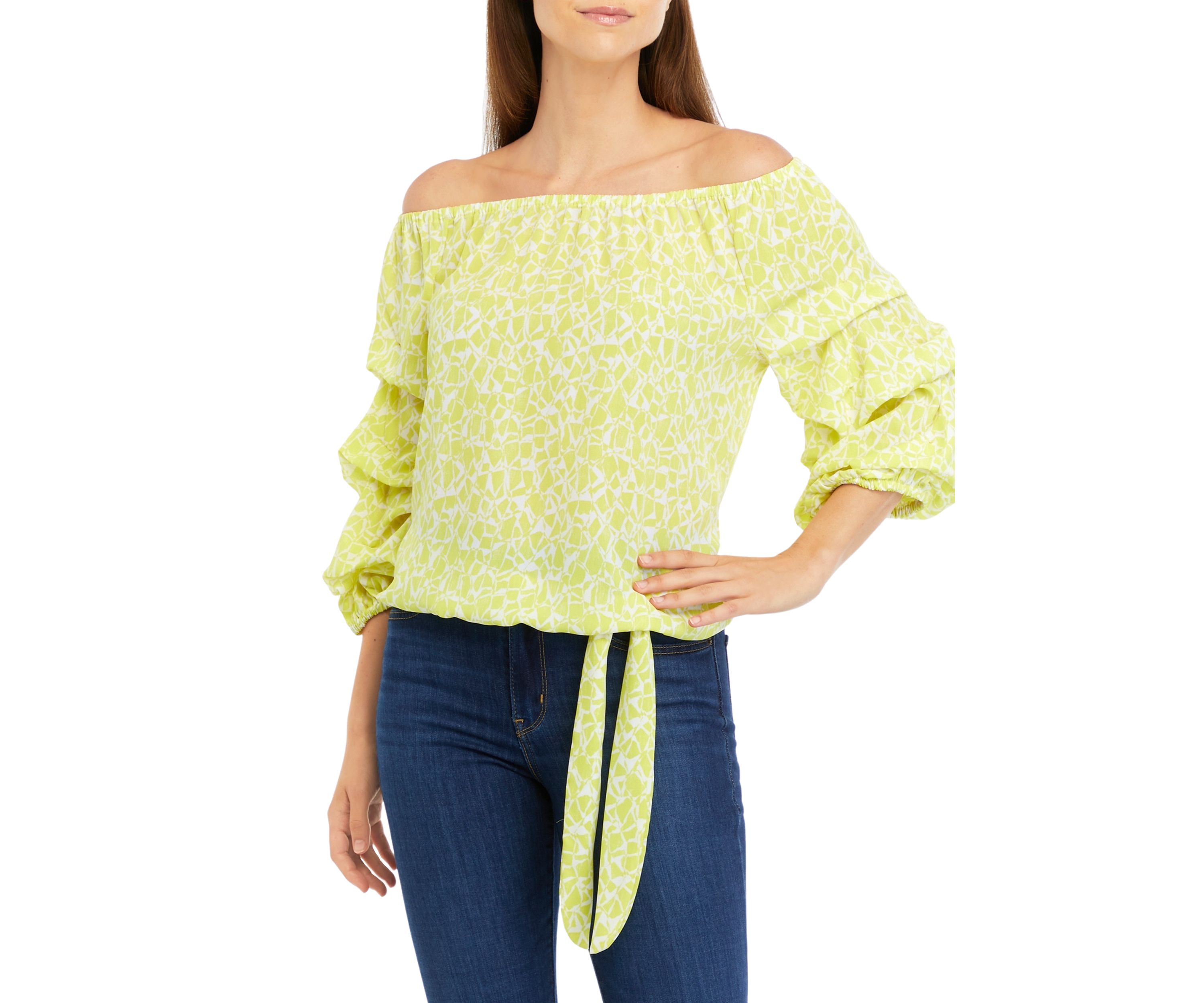 Womens Geo Print Off the Shoulder Cha Cha Blouse