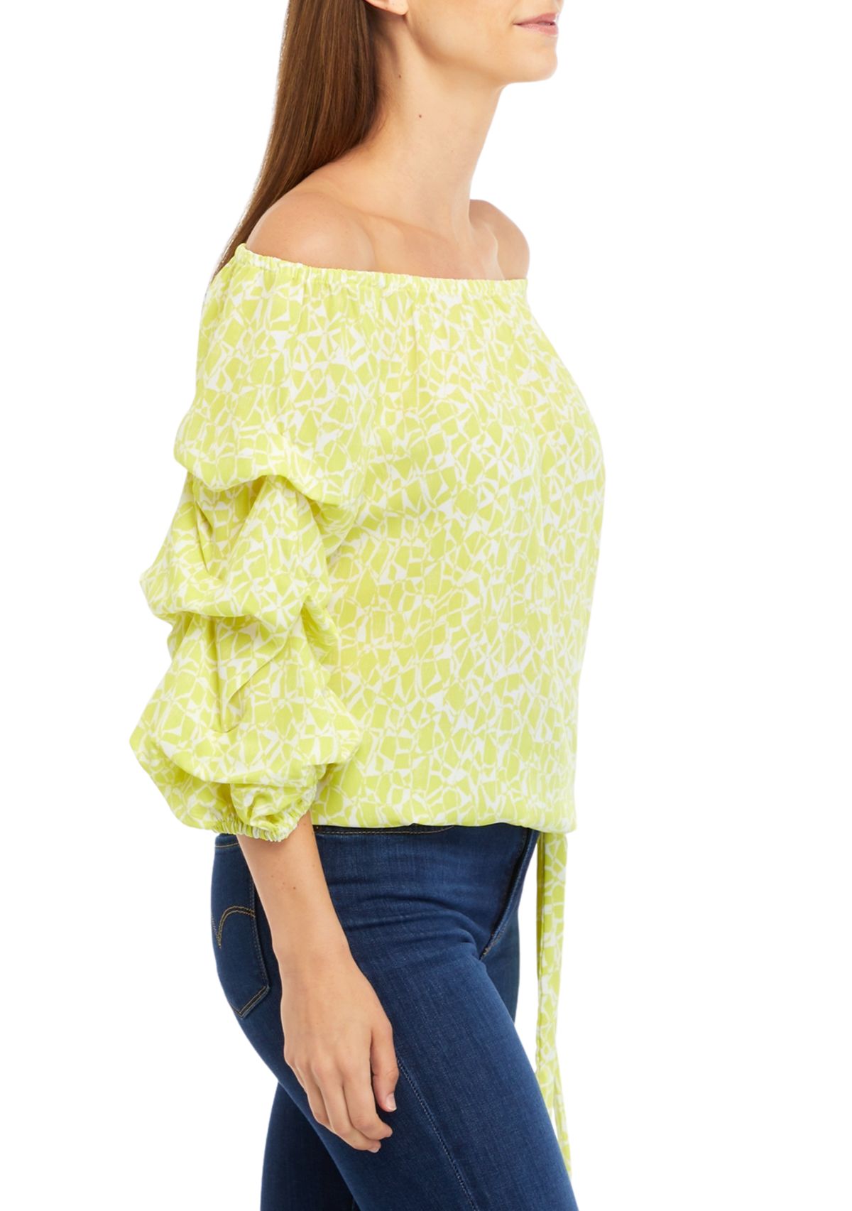 Womens Geo Print Off the Shoulder Cha Cha Blouse