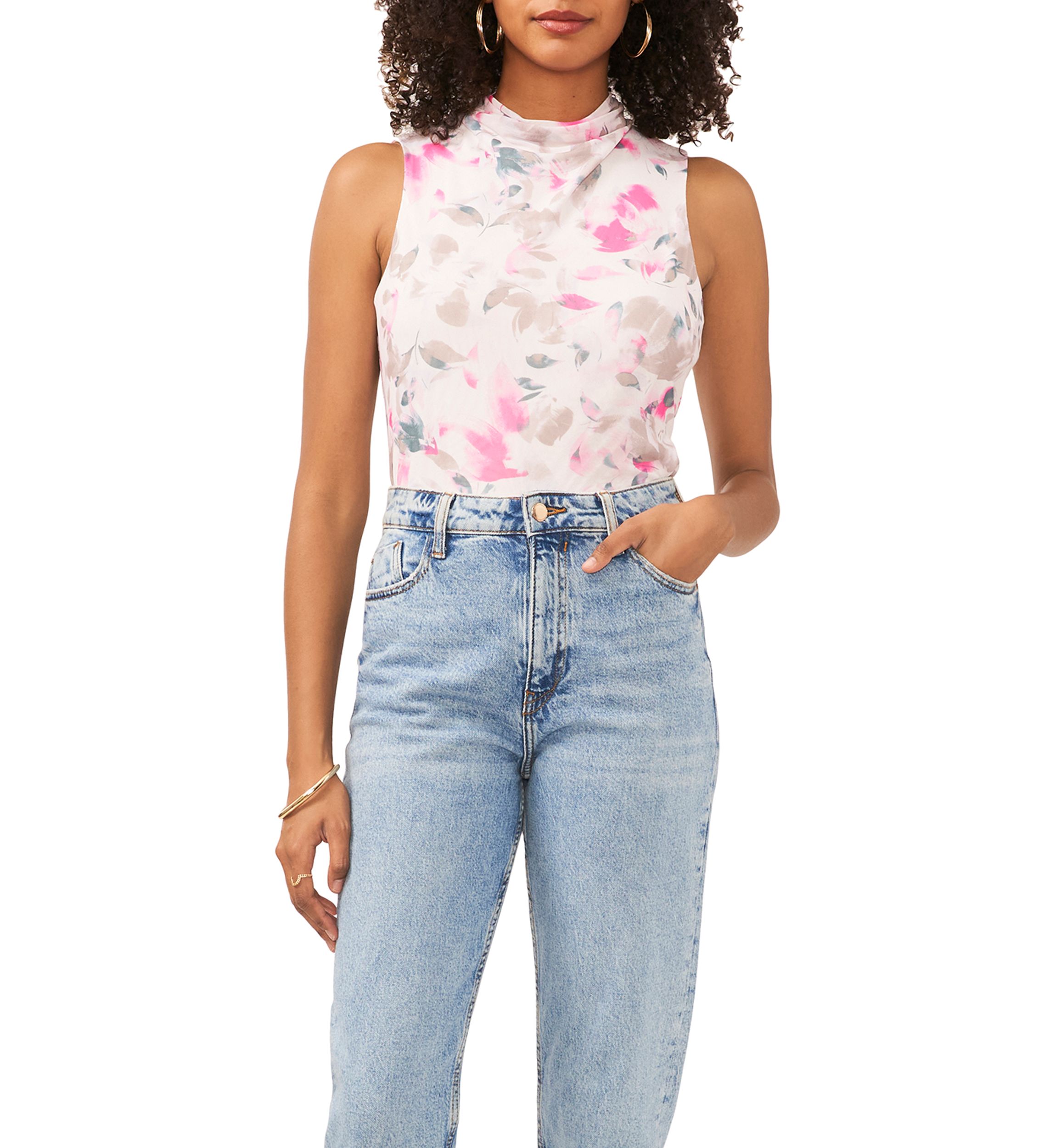 Womens Sleeveless Floral Cowl Neck Mesh Top 