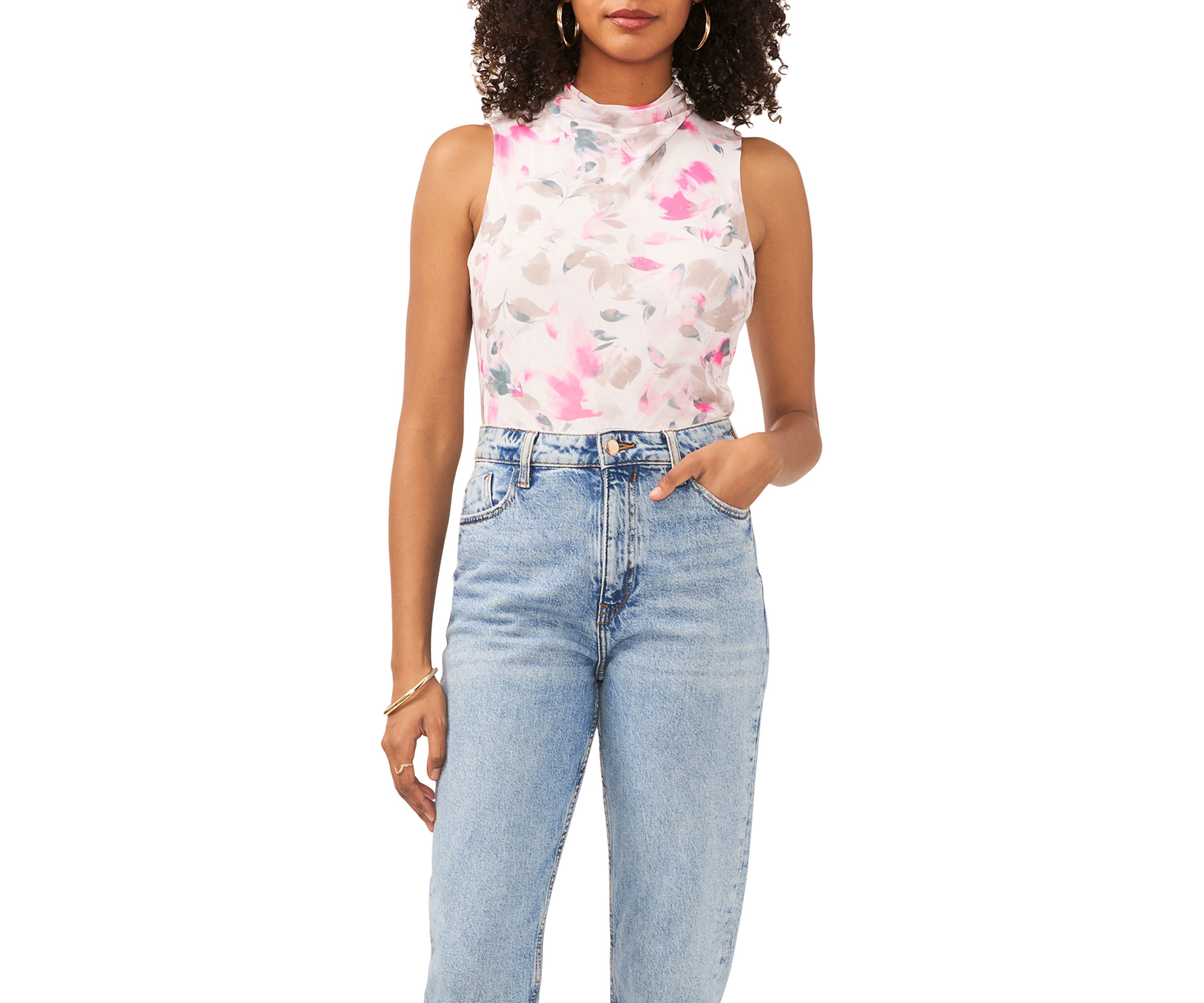 Womens Sleeveless Floral Cowl Neck Mesh Top 