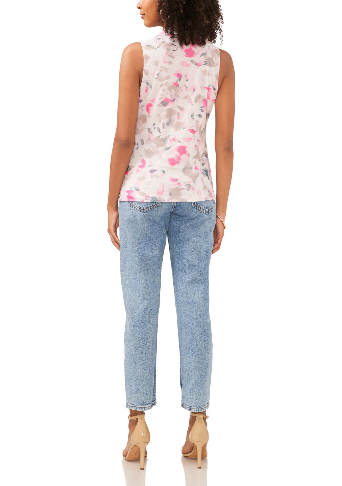 Womens Sleeveless Floral Cowl Neck Mesh Top 