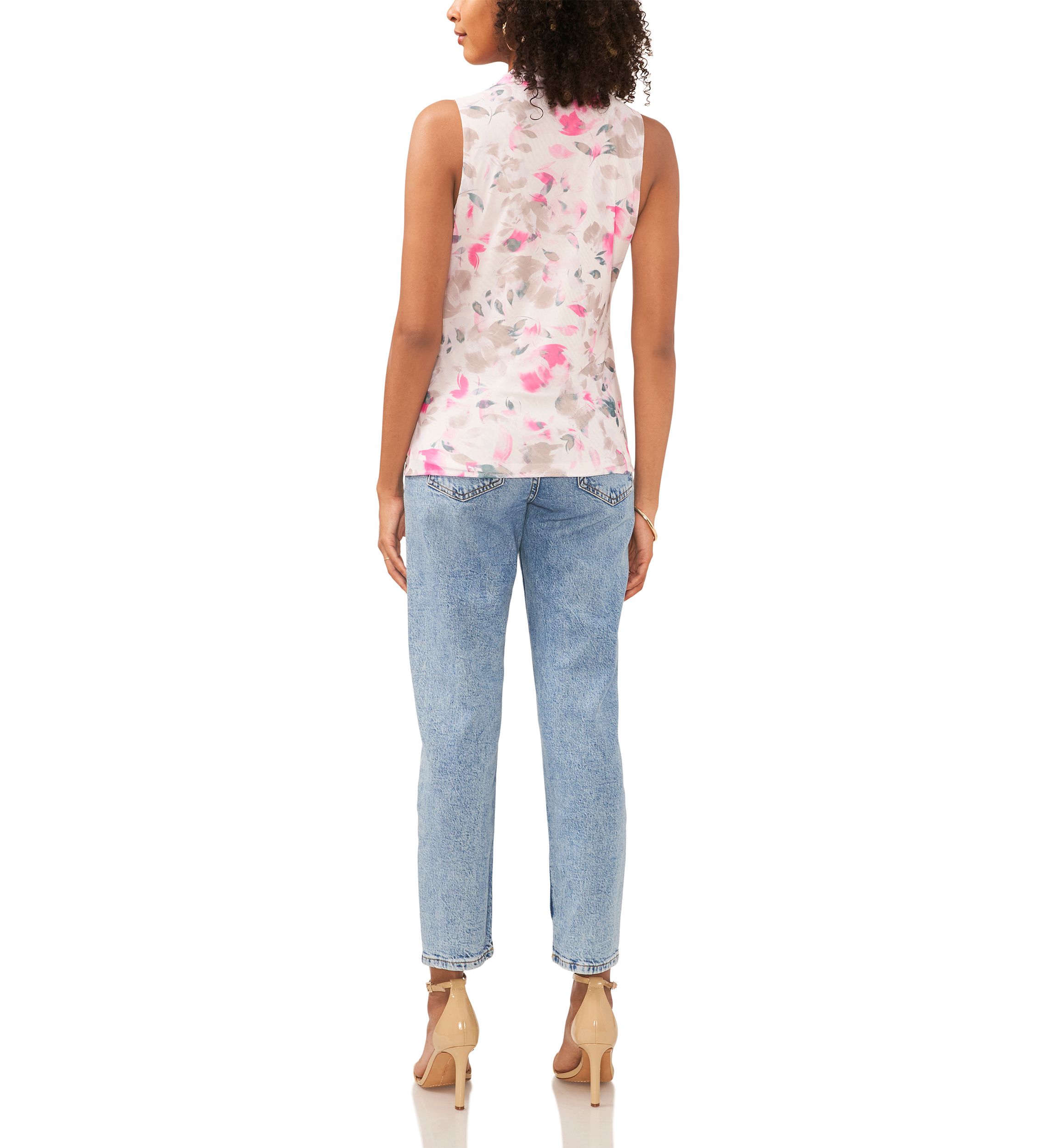 Womens Sleeveless Floral Cowl Neck Mesh Top 