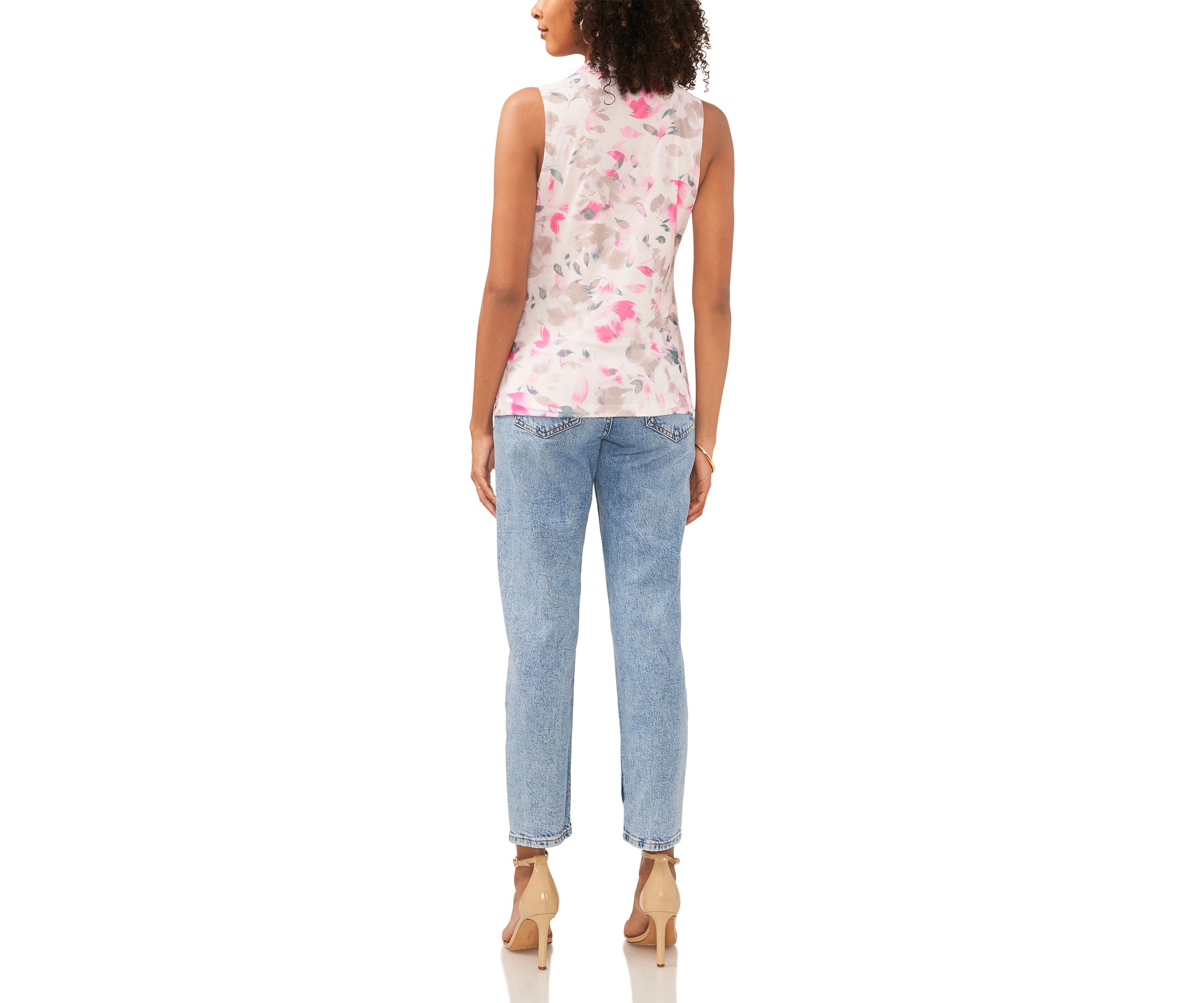 Womens Sleeveless Floral Cowl Neck Mesh Top 
