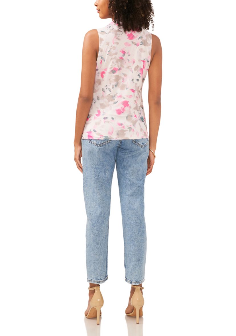 Womens Sleeveless Floral Cowl Neck Mesh Top 