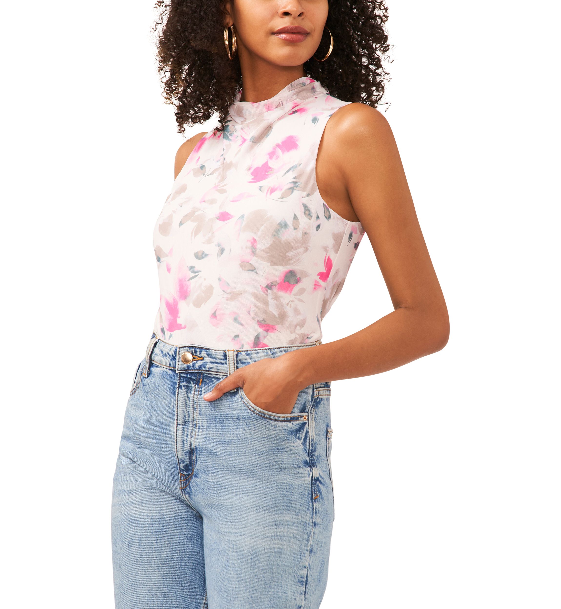 Womens Sleeveless Floral Cowl Neck Mesh Top 