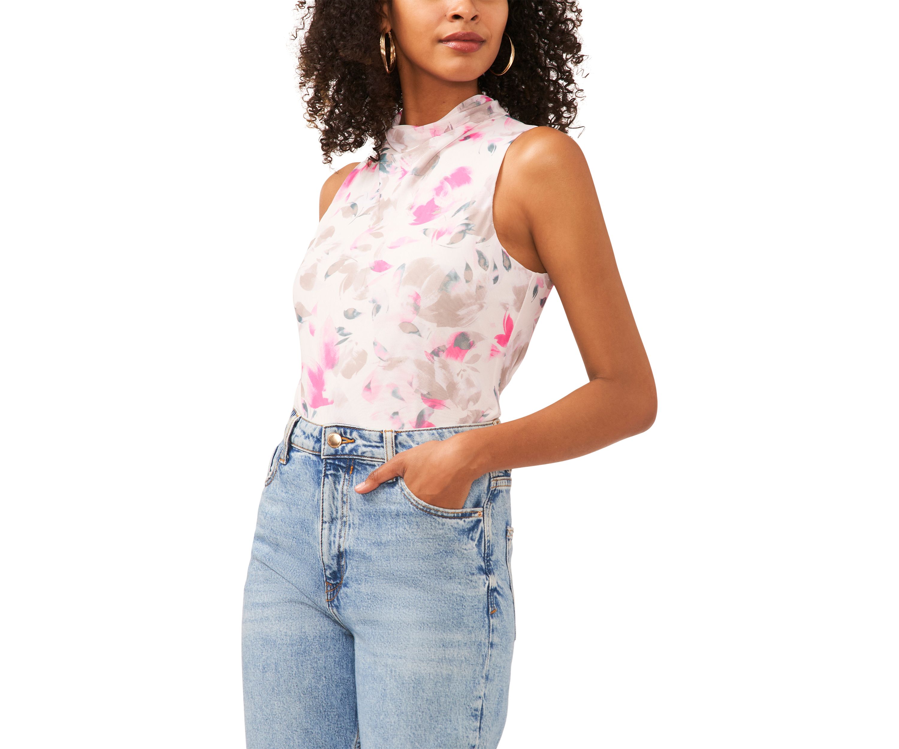 Womens Sleeveless Floral Cowl Neck Mesh Top 