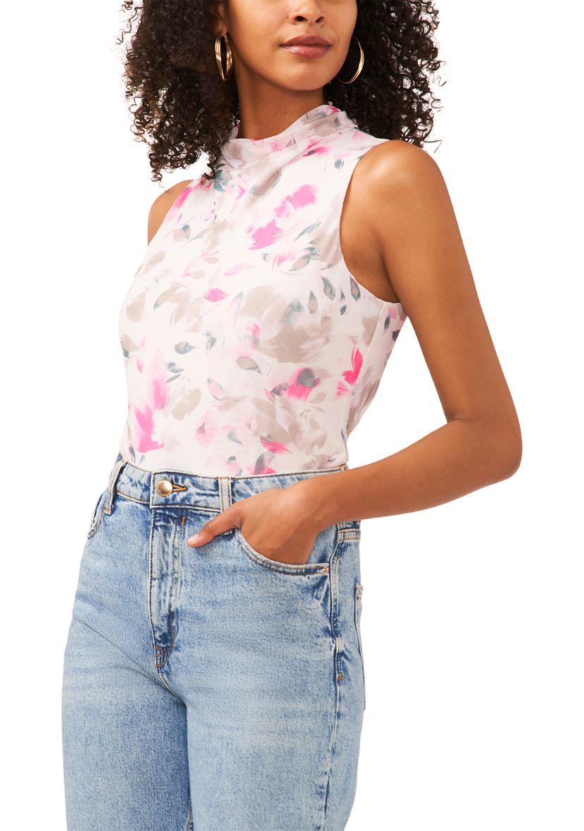 Womens Sleeveless Floral Cowl Neck Mesh Top 