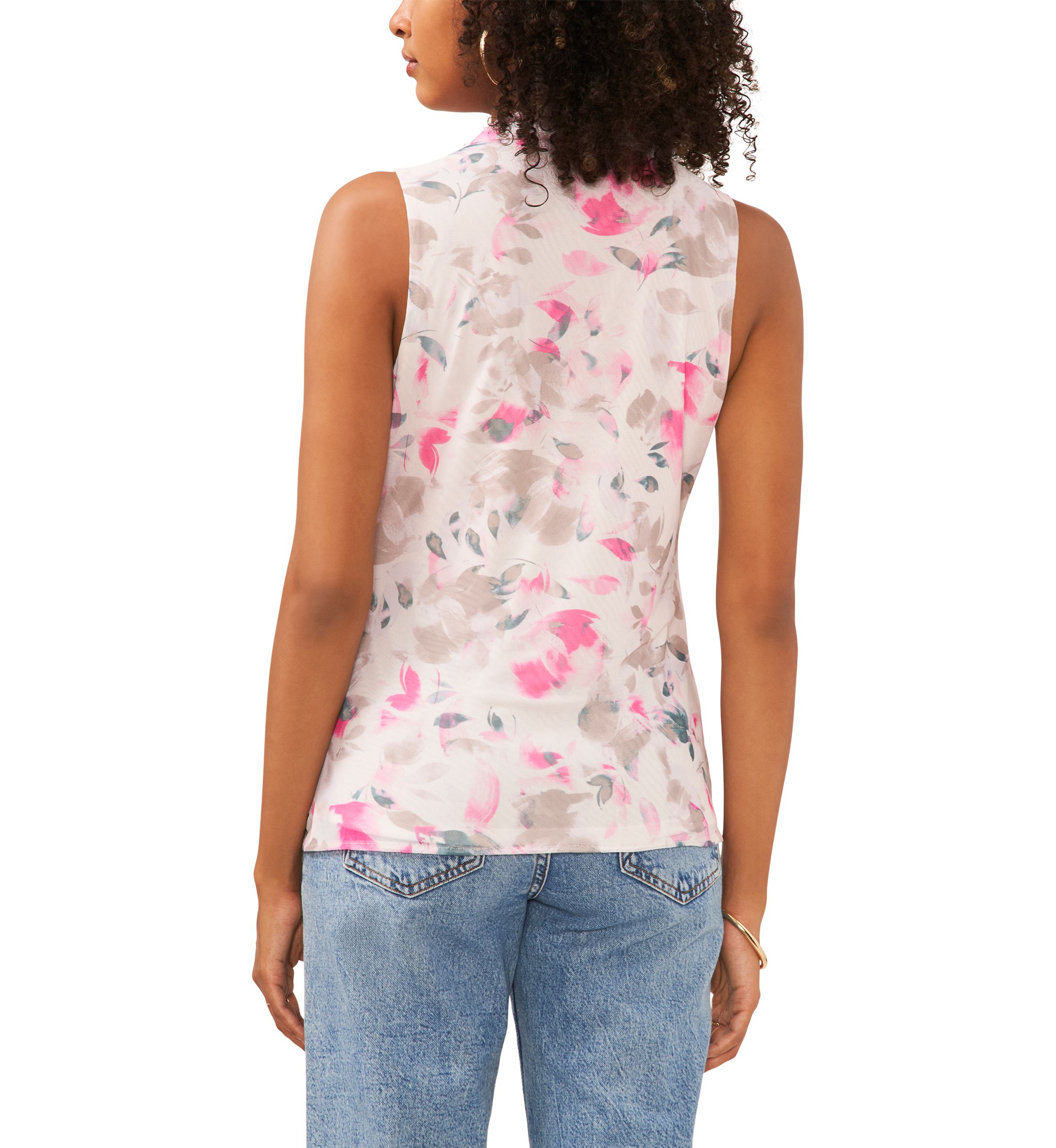 Womens Sleeveless Floral Cowl Neck Mesh Top 