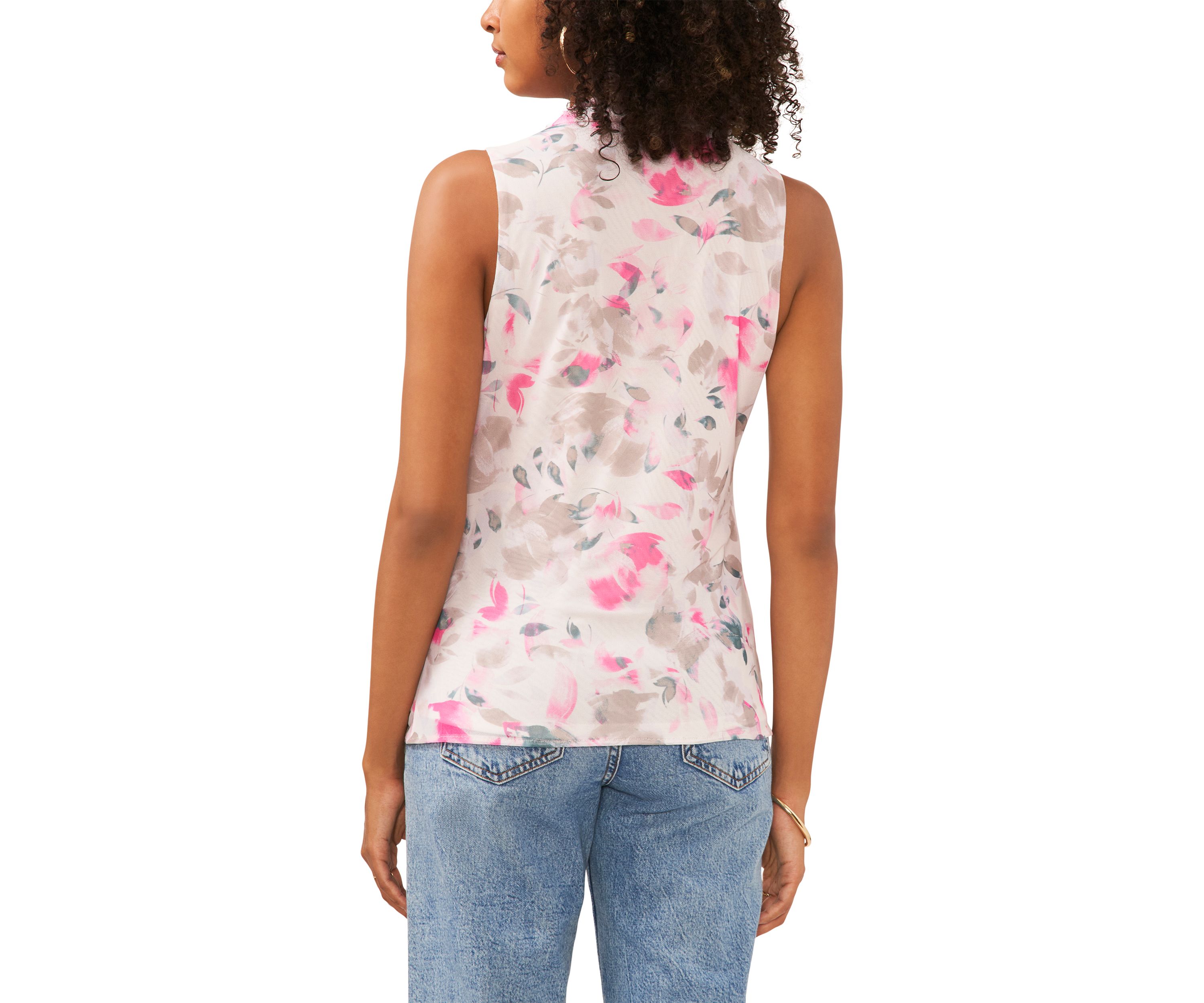 Womens Sleeveless Floral Cowl Neck Mesh Top 