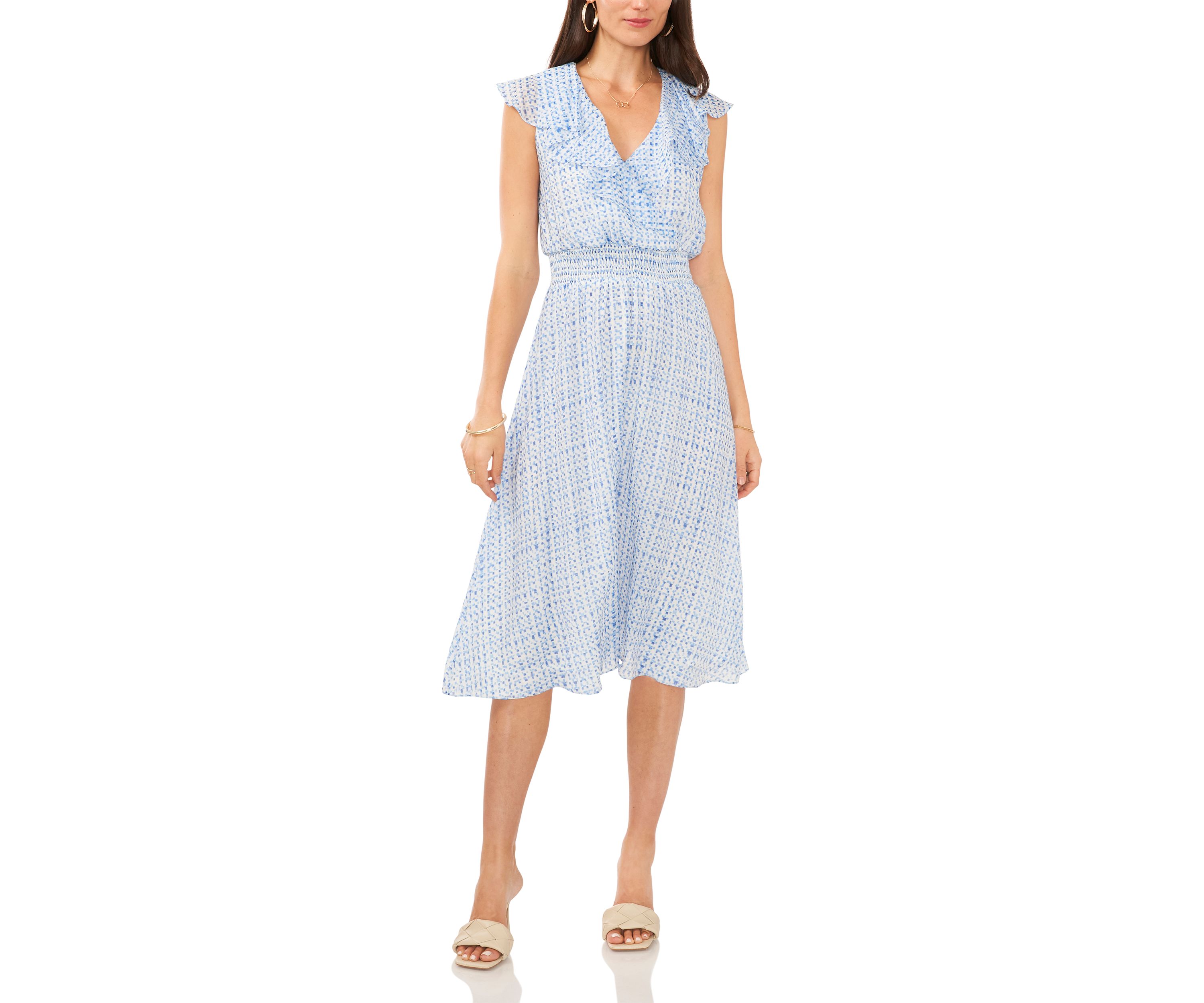 Womens Ruffle Surplice Grid Printed Dress