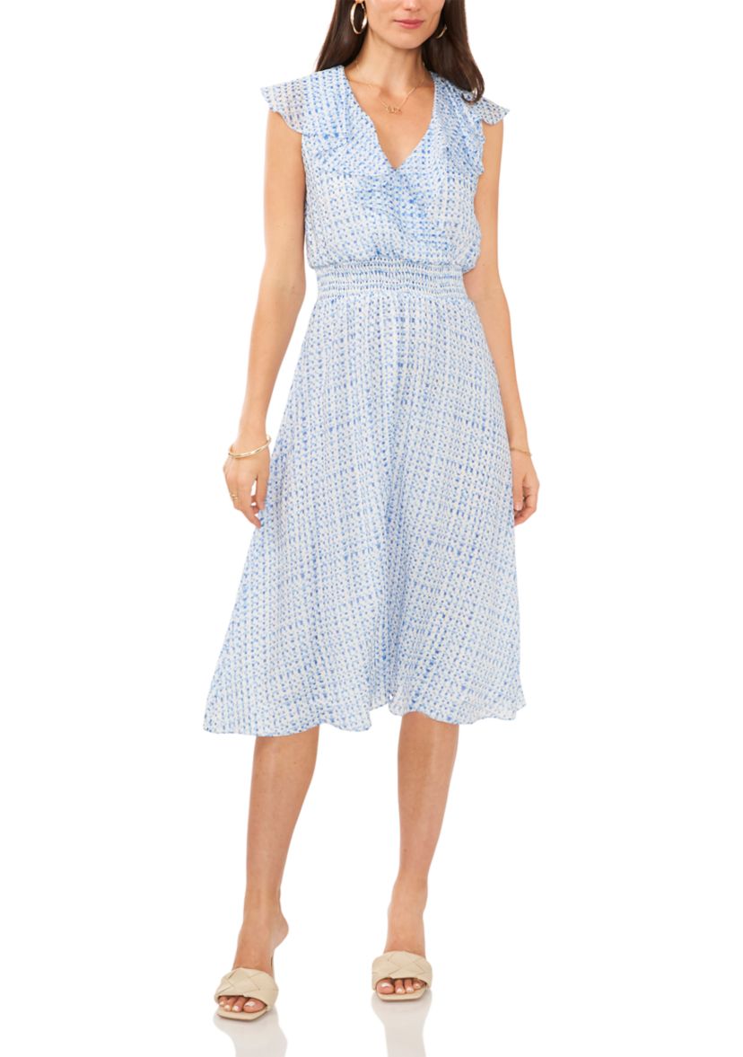 Womens Ruffle Surplice Grid Printed Dress