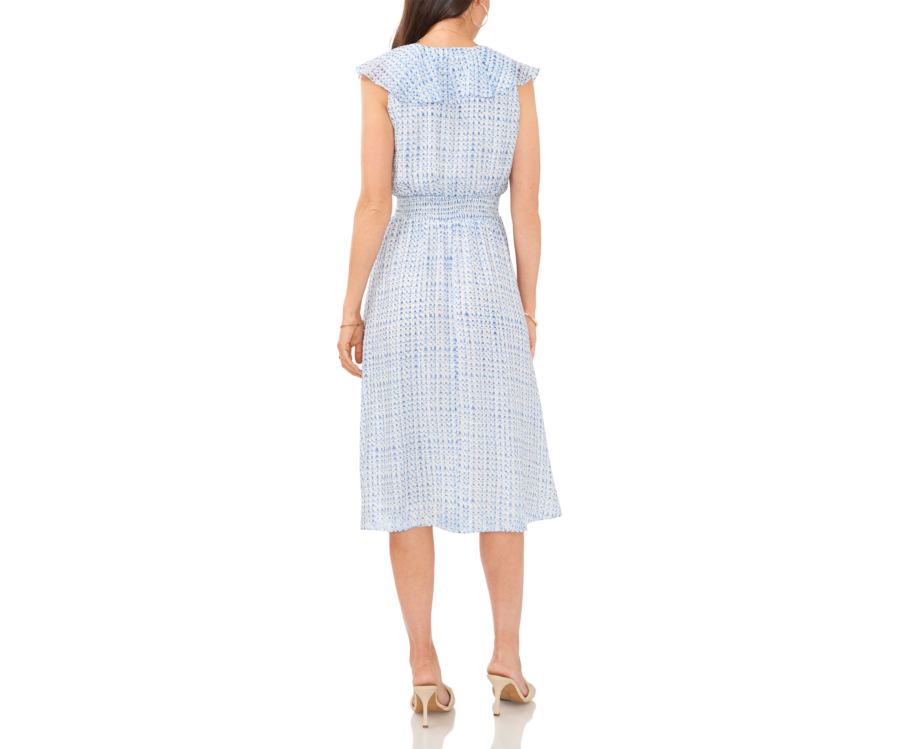 Womens Ruffle Surplice Grid Printed Dress