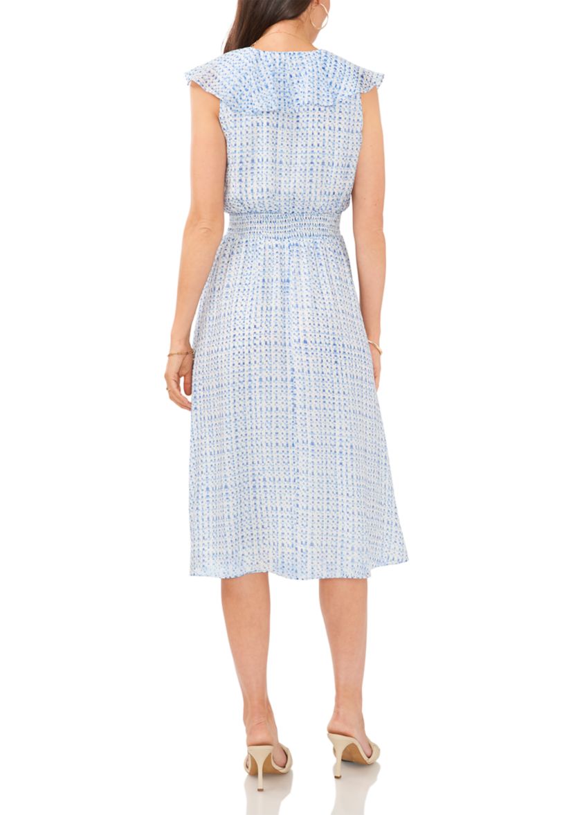 Womens Ruffle Surplice Grid Printed Dress