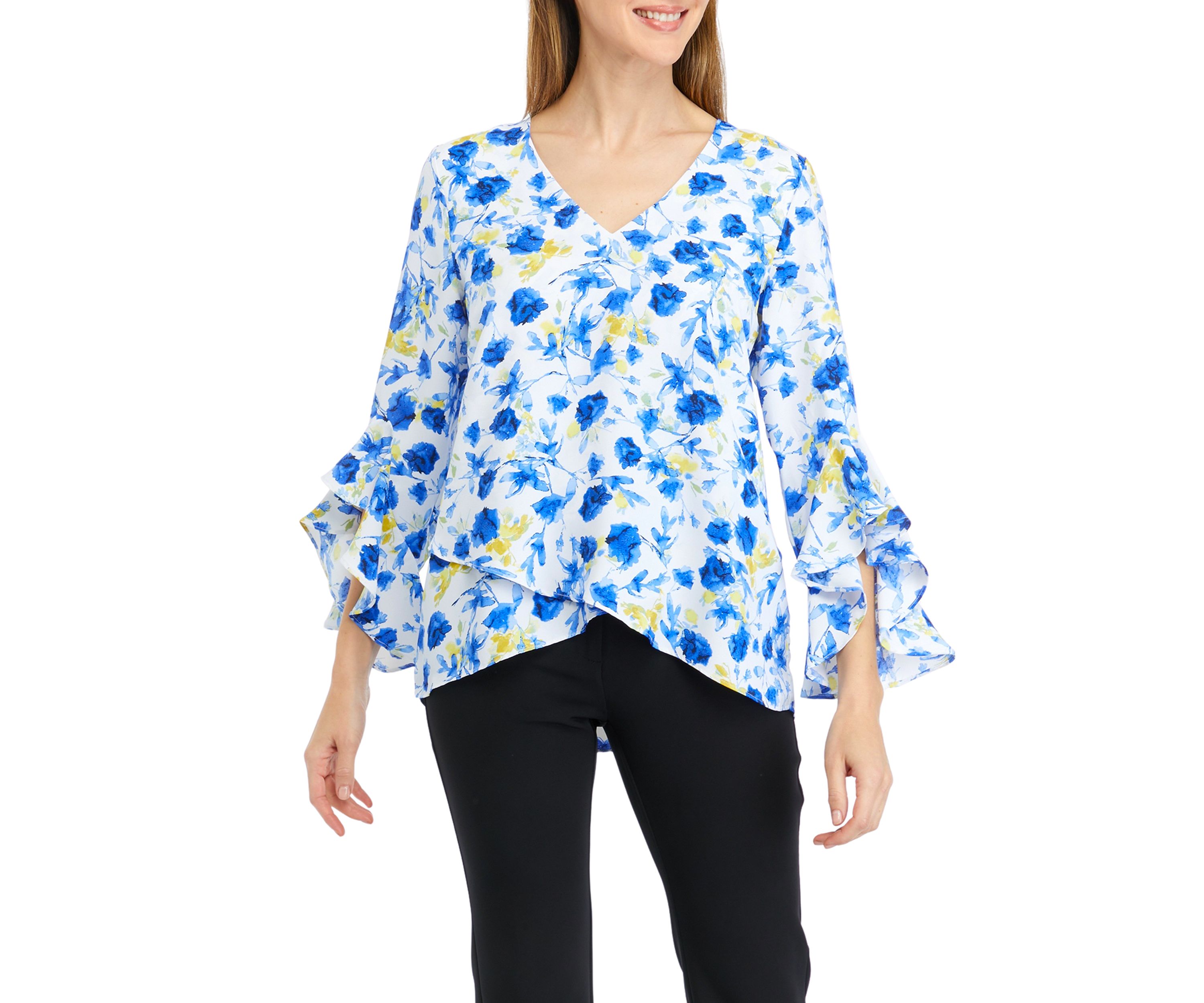 Womens 3/4 Ruffle Sleeve Floral V-Neck Blouse