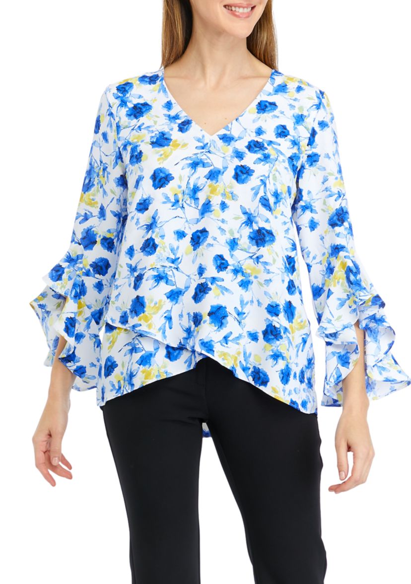Womens 3/4 Ruffle Sleeve Floral V-Neck Blouse