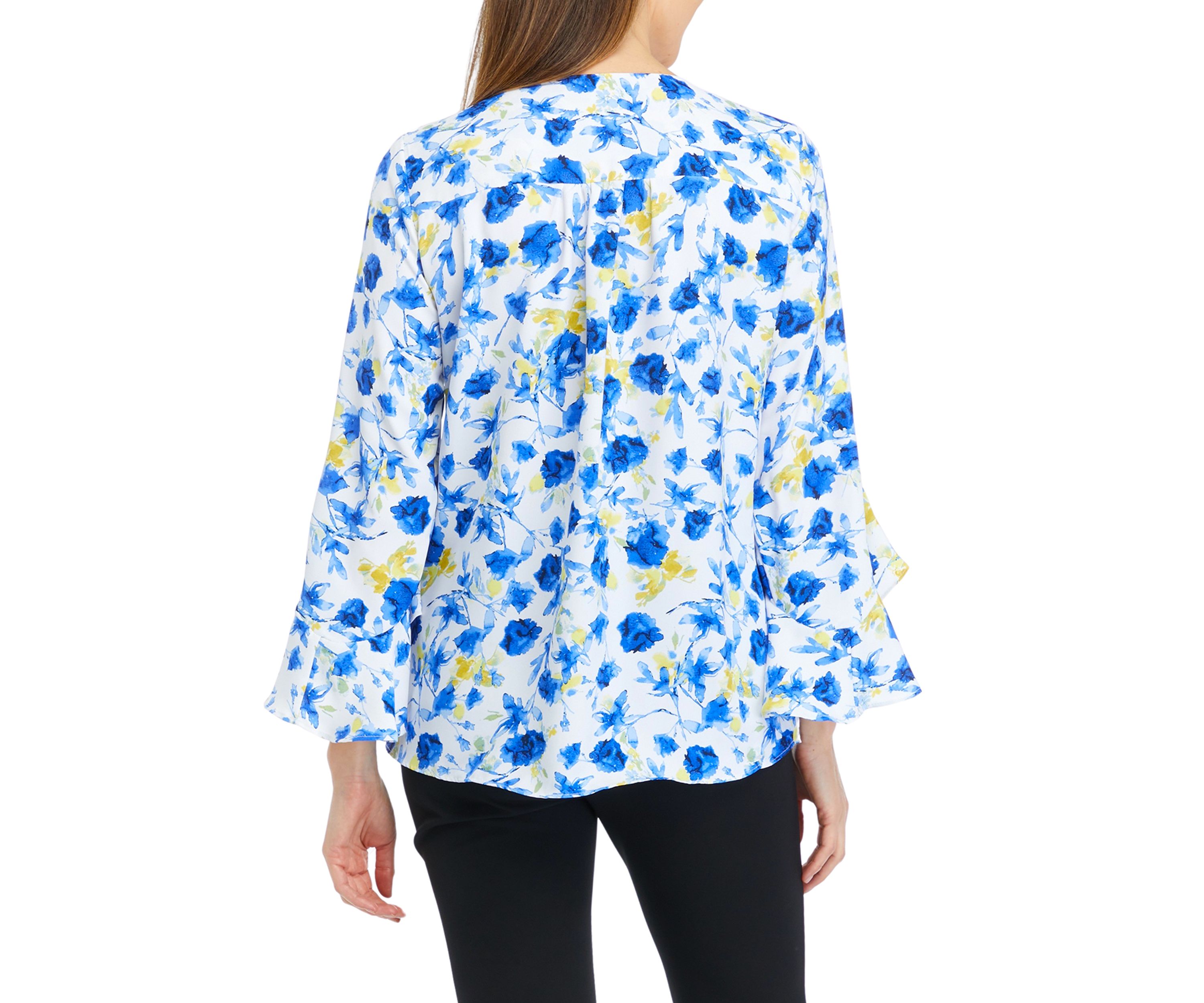 Womens 3/4 Ruffle Sleeve Floral V-Neck Blouse