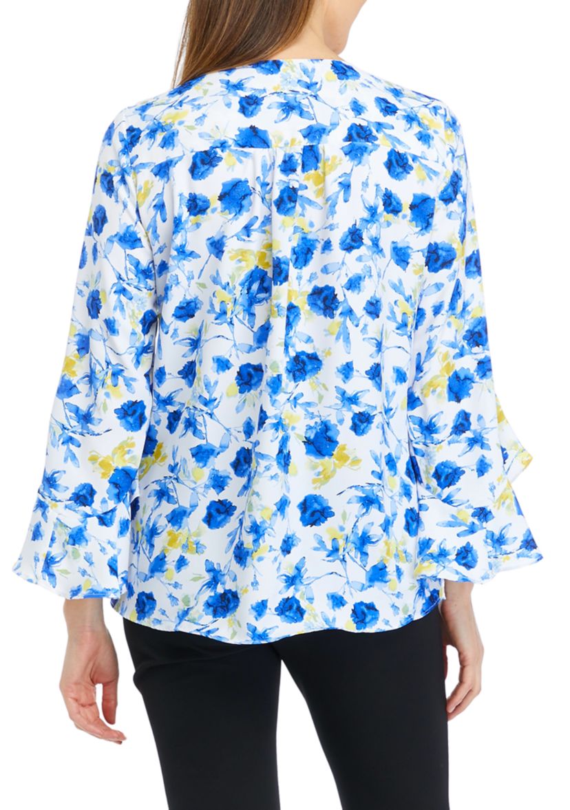 Womens 3/4 Ruffle Sleeve Floral V-Neck Blouse