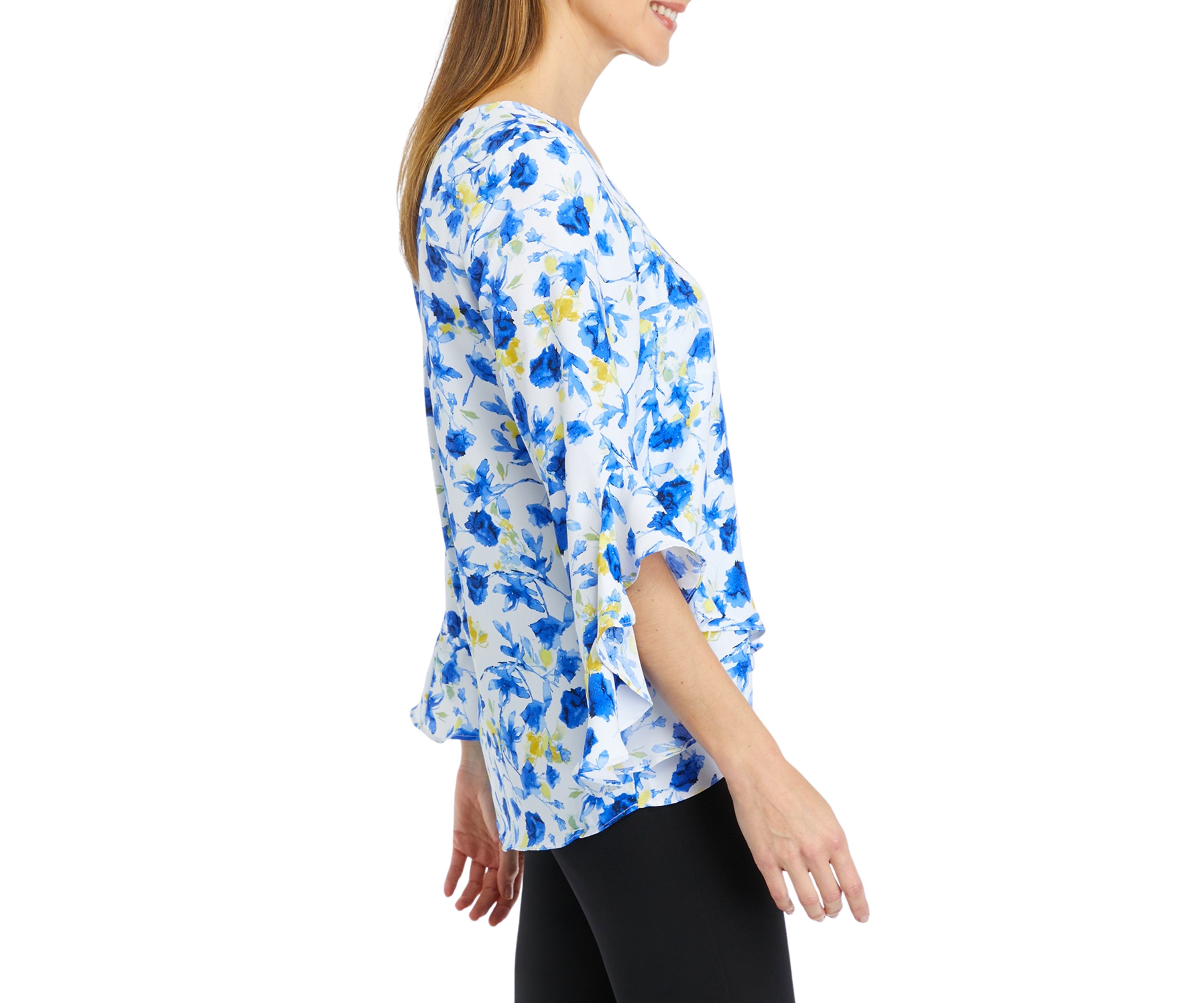 Womens 3/4 Ruffle Sleeve Floral V-Neck Blouse