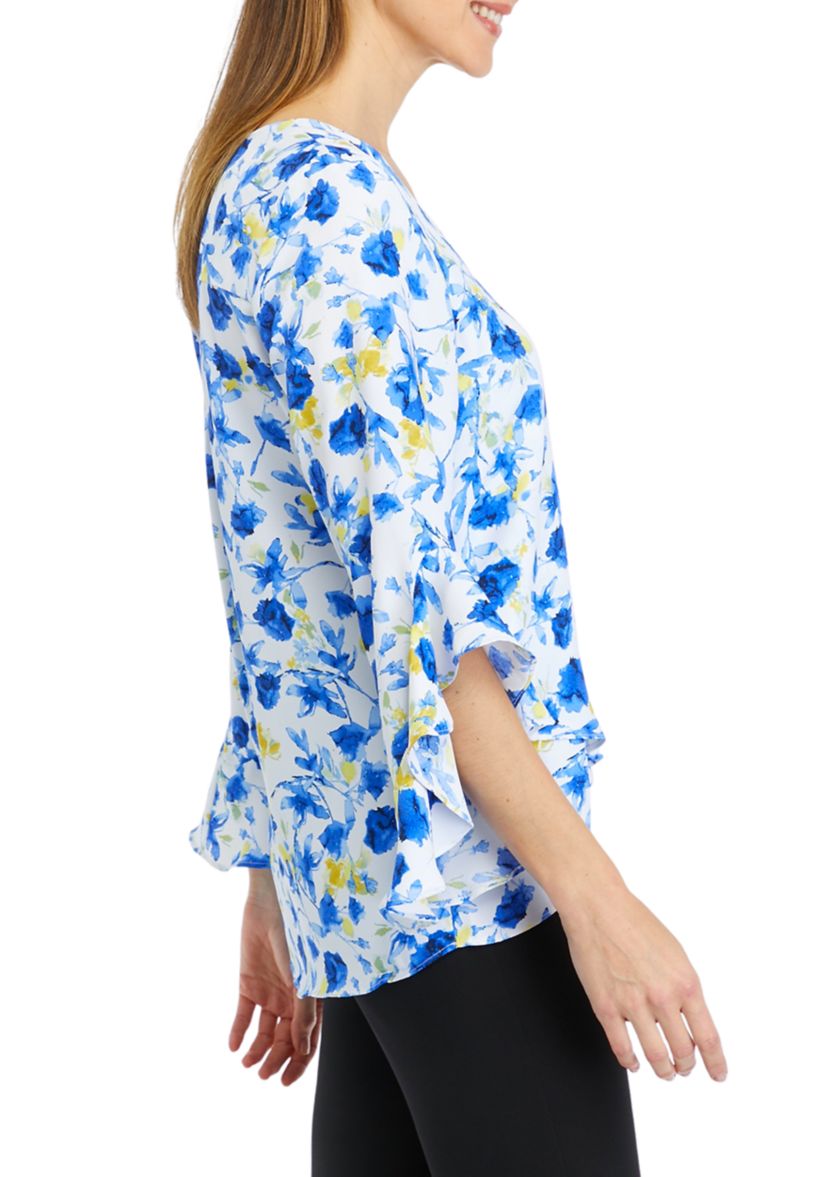 Womens 3/4 Ruffle Sleeve Floral V-Neck Blouse