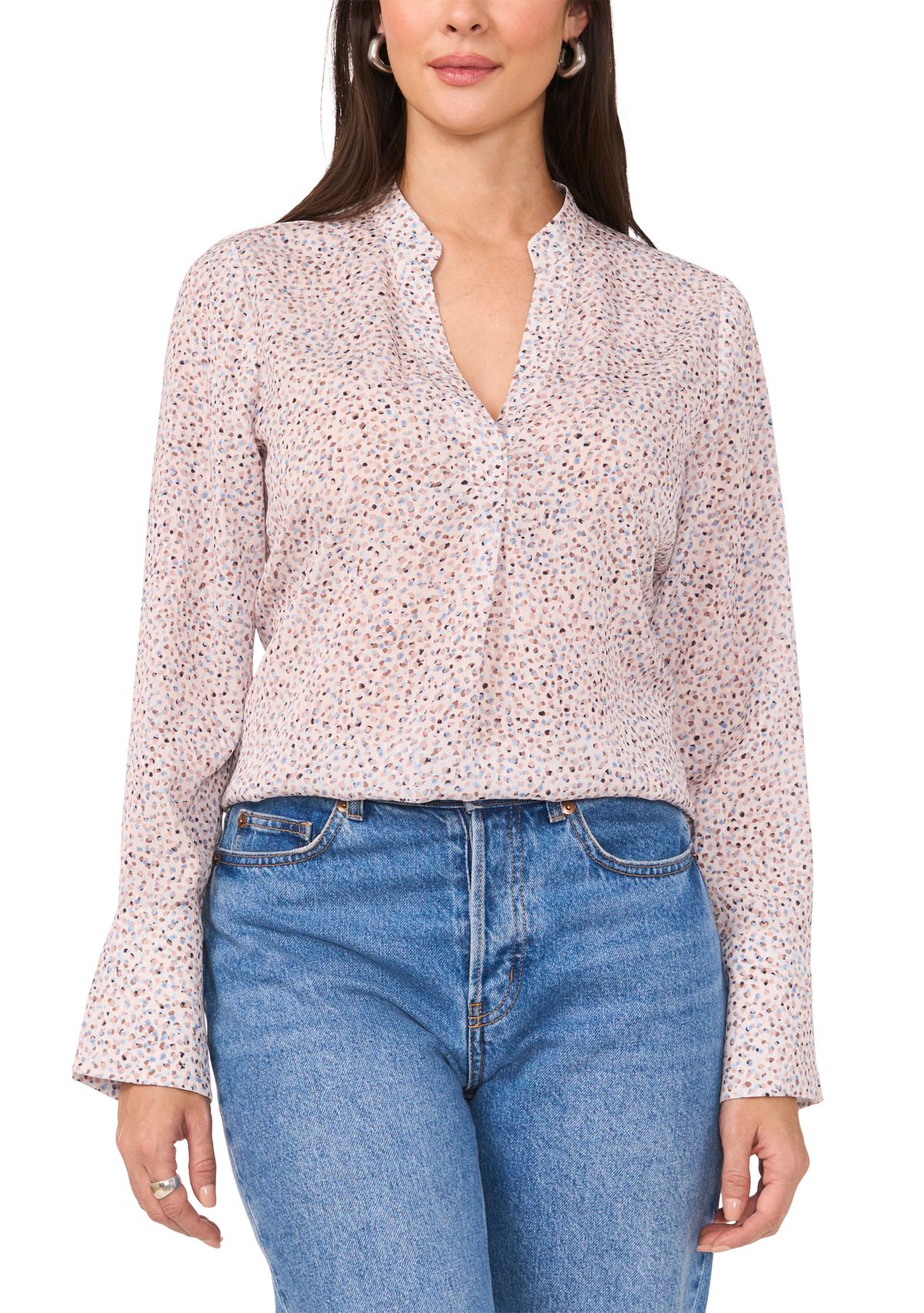 Womens Long Sleeve Split Neck Printed High Low Blouse