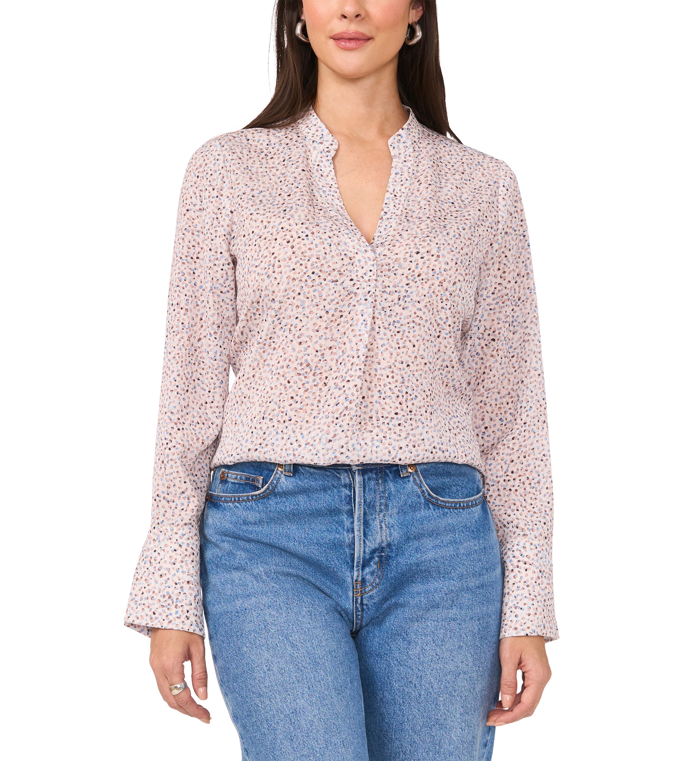 Womens Long Sleeve Split Neck Printed High Low Blouse