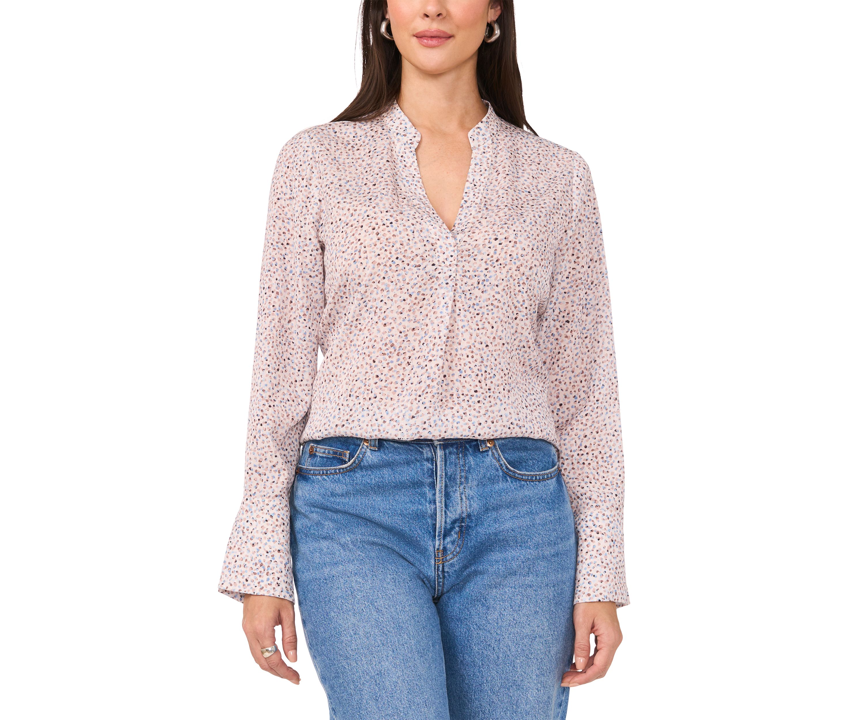 Womens Long Sleeve Split Neck Printed High Low Blouse