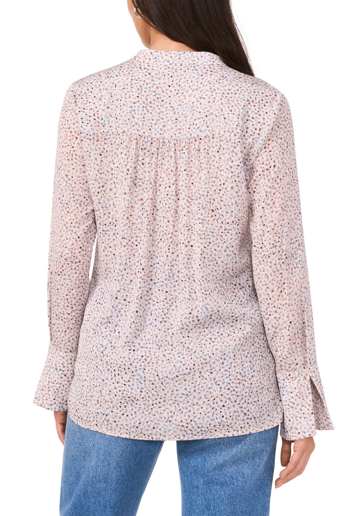 Womens Long Sleeve Split Neck Printed High Low Blouse